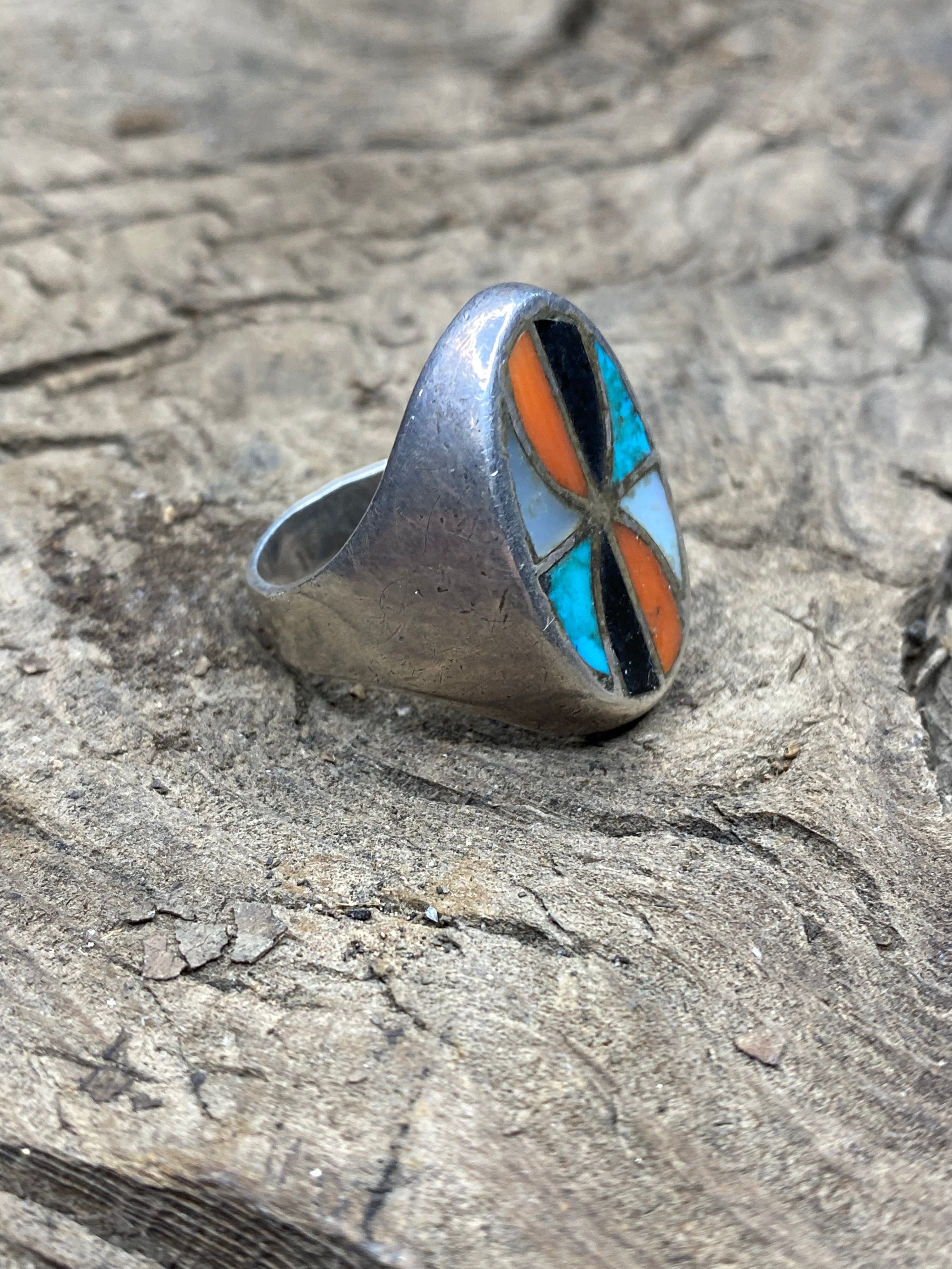 Vintage Turquoise and Silver Mixed Stone Men's Ring - Size 10