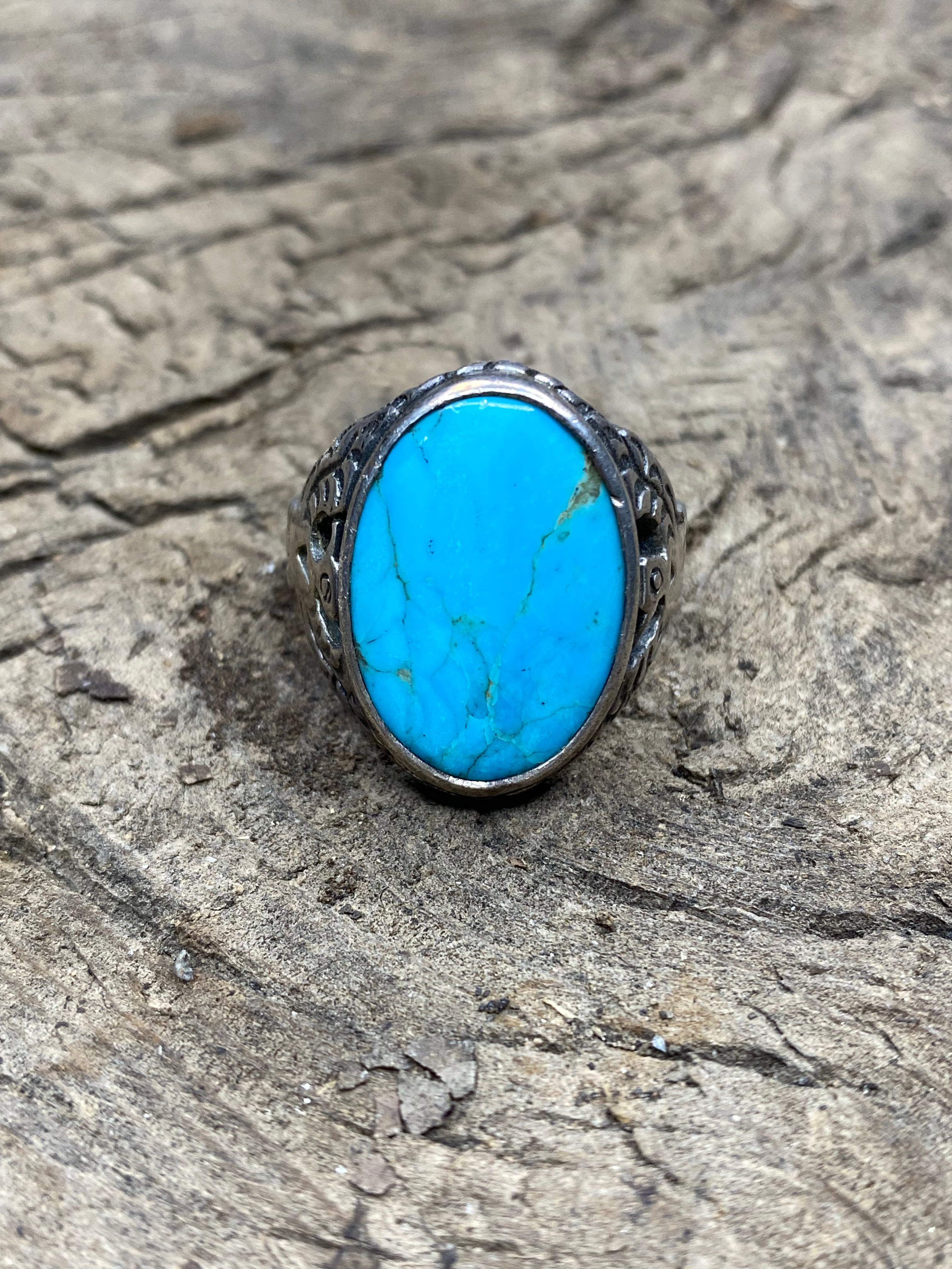 Vintage Turquoise Silver Men's Ring - Size 12