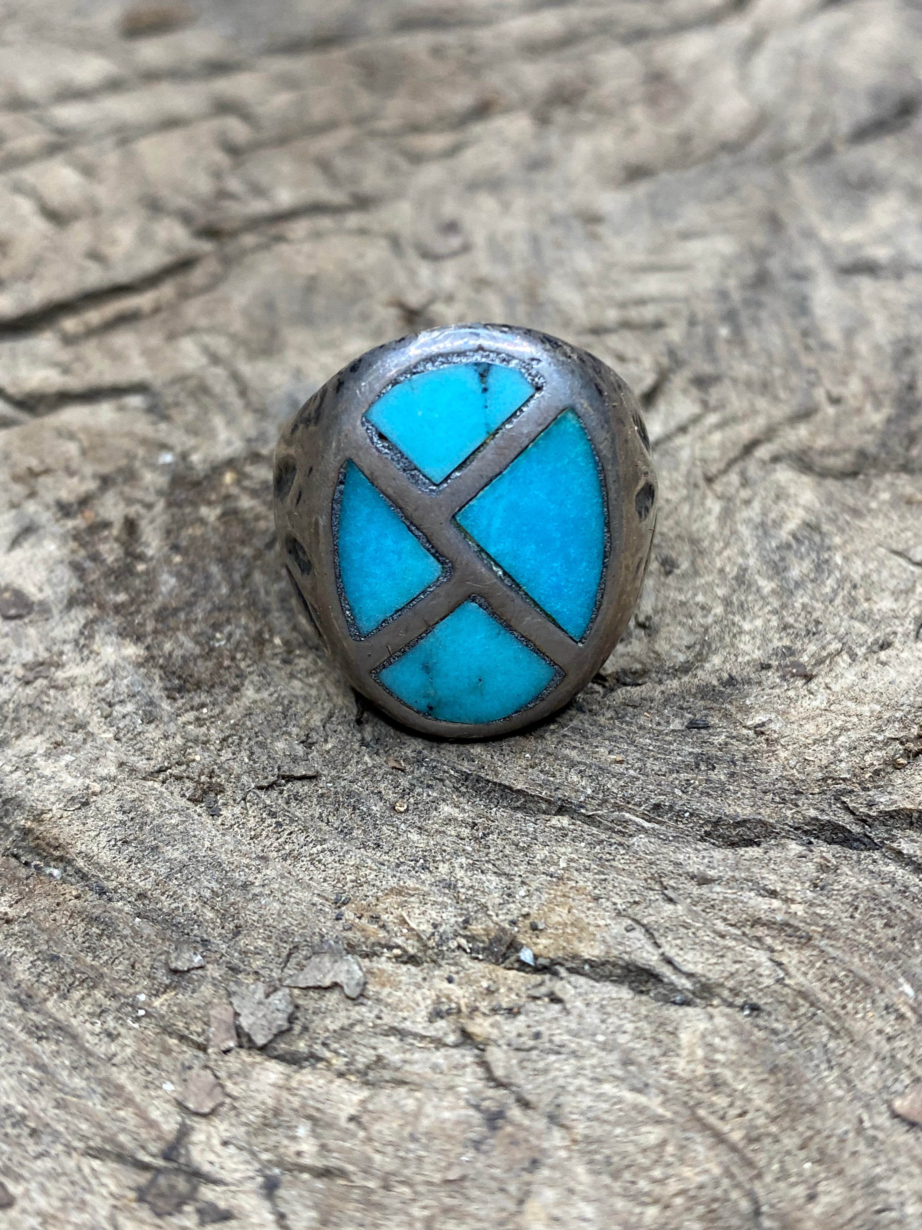 Vintage Turquoise Silver Inlay Men's Ring - Size 8