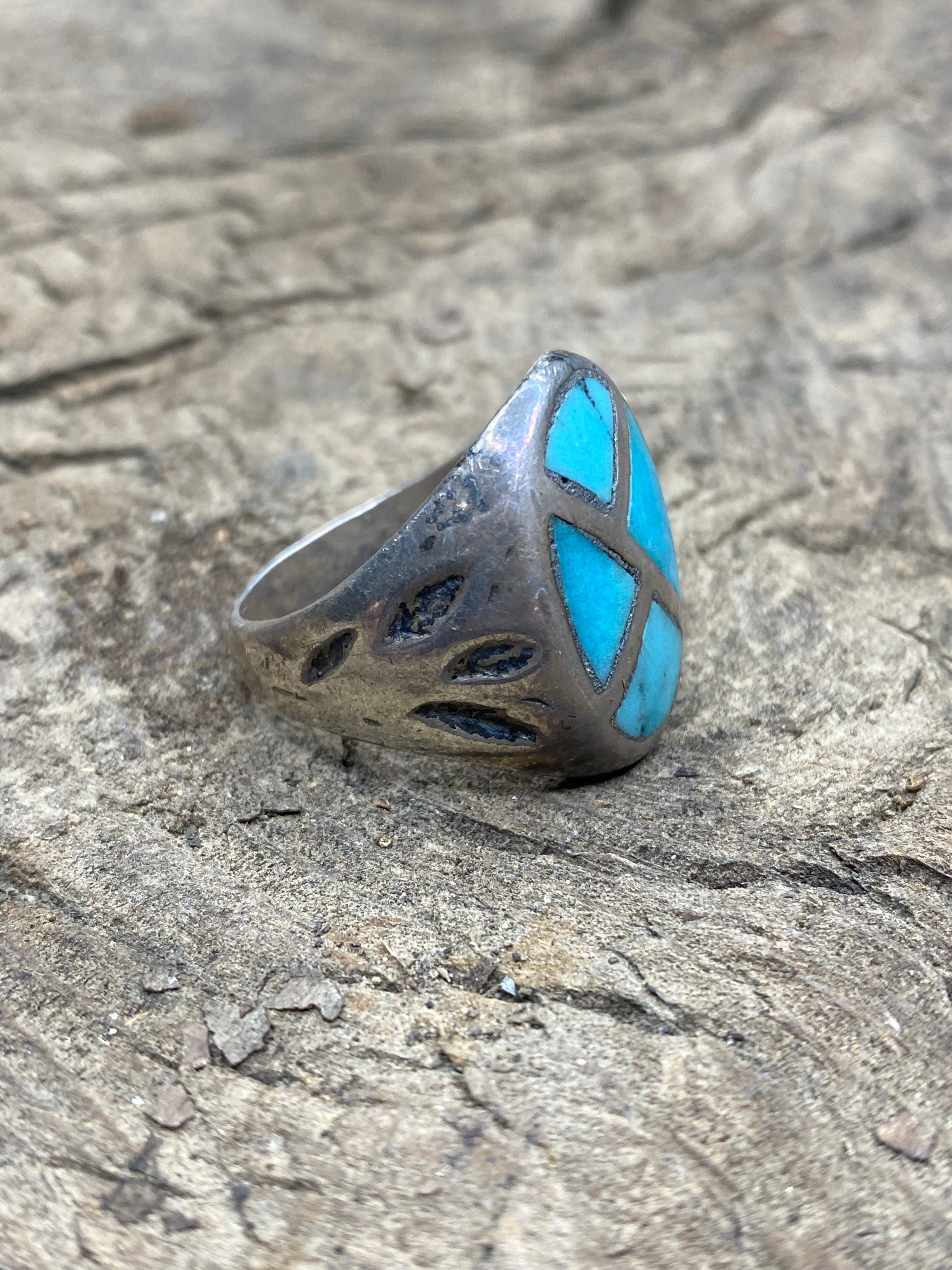 Vintage Turquoise Silver Inlay Men's Ring - Size 8