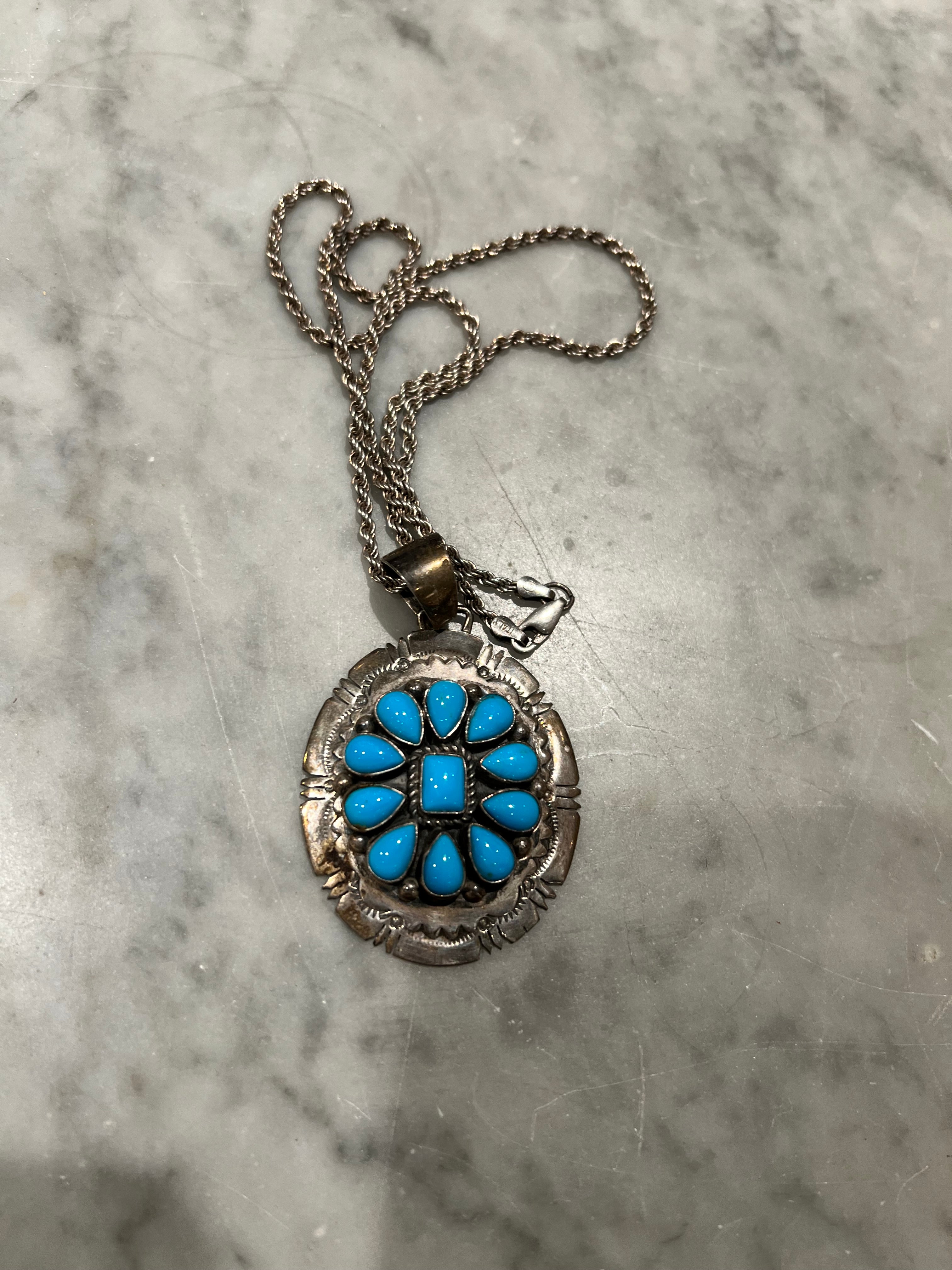 Navajo B. Johnson Sleeping Beauty Turquoise Sterling Cluster Pendant & Necklace