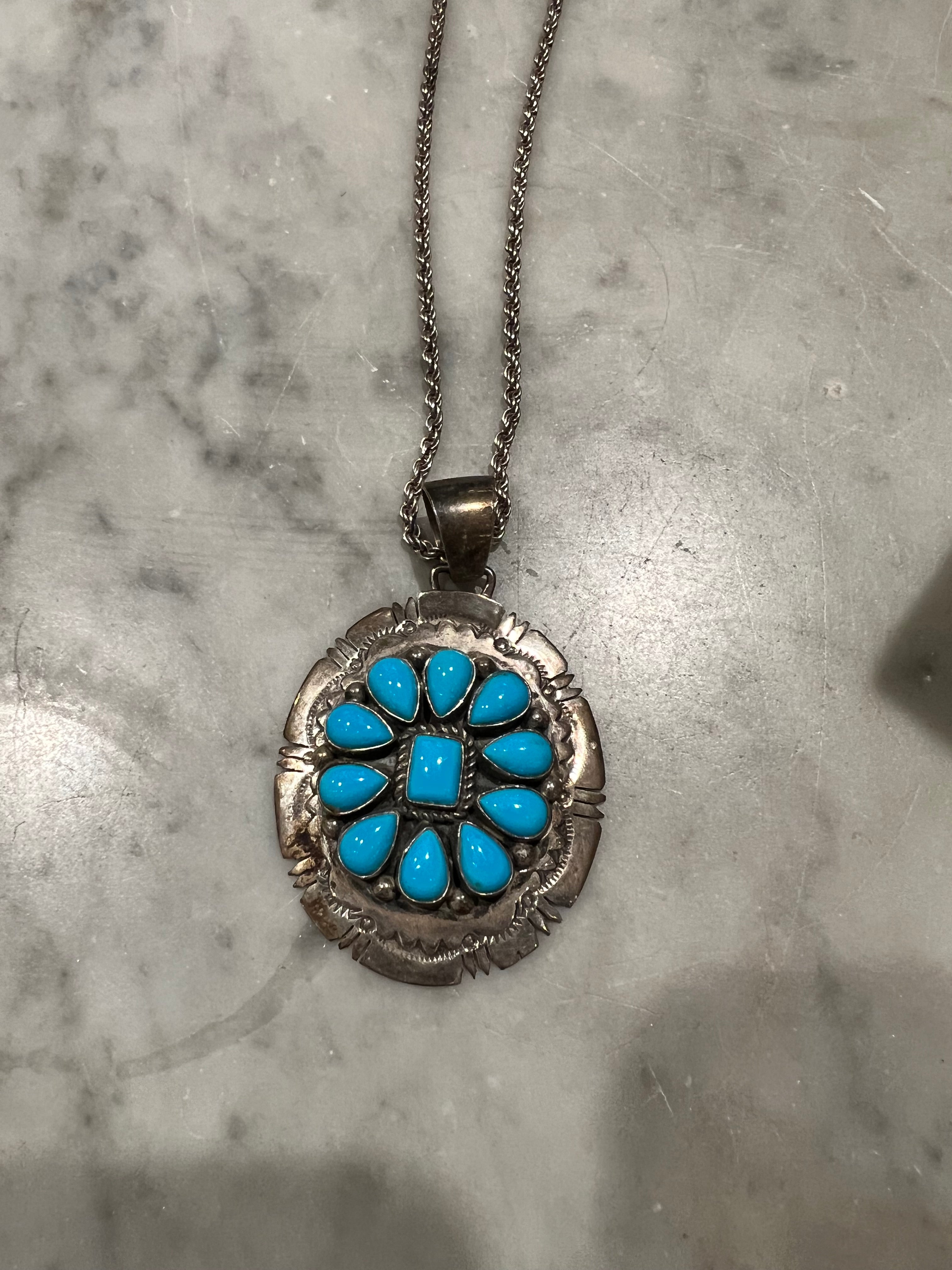 Navajo B. Johnson Sleeping Beauty Turquoise Sterling Cluster Pendant & Necklace