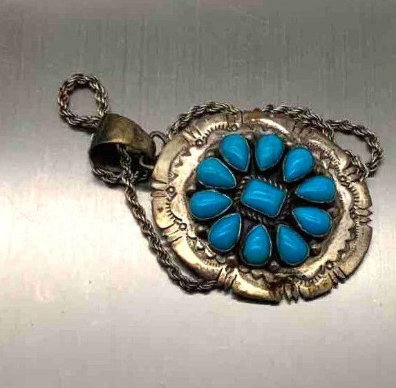 Navajo B. Johnson Sleeping Beauty Turquoise Sterling Cluster Pendant & Necklace