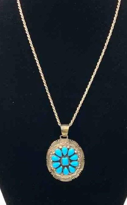 Navajo B. Johnson Sleeping Beauty Turquoise Sterling Cluster Pendant & Necklace