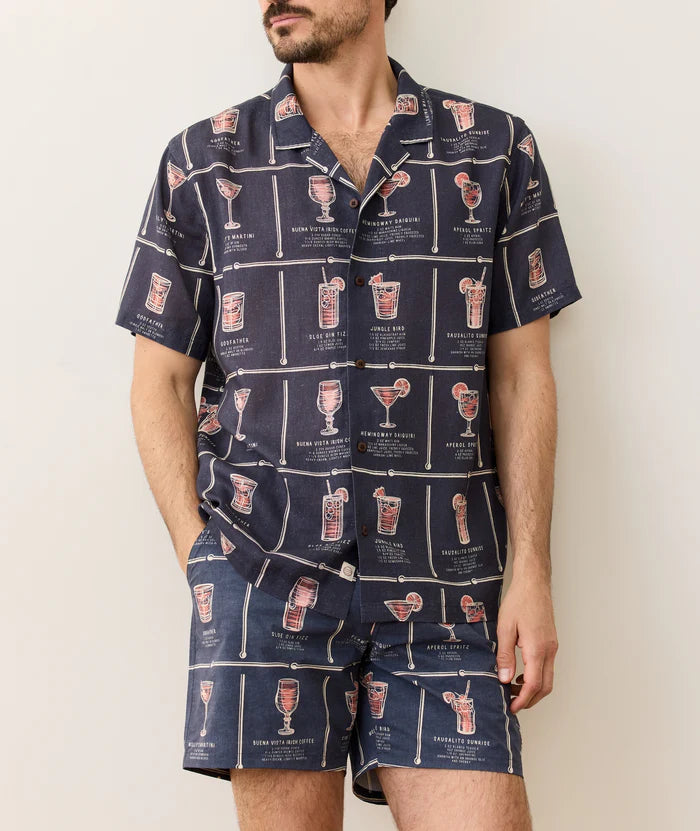 Tencel Linen Resort Shirt - Navy Happy Hour Print