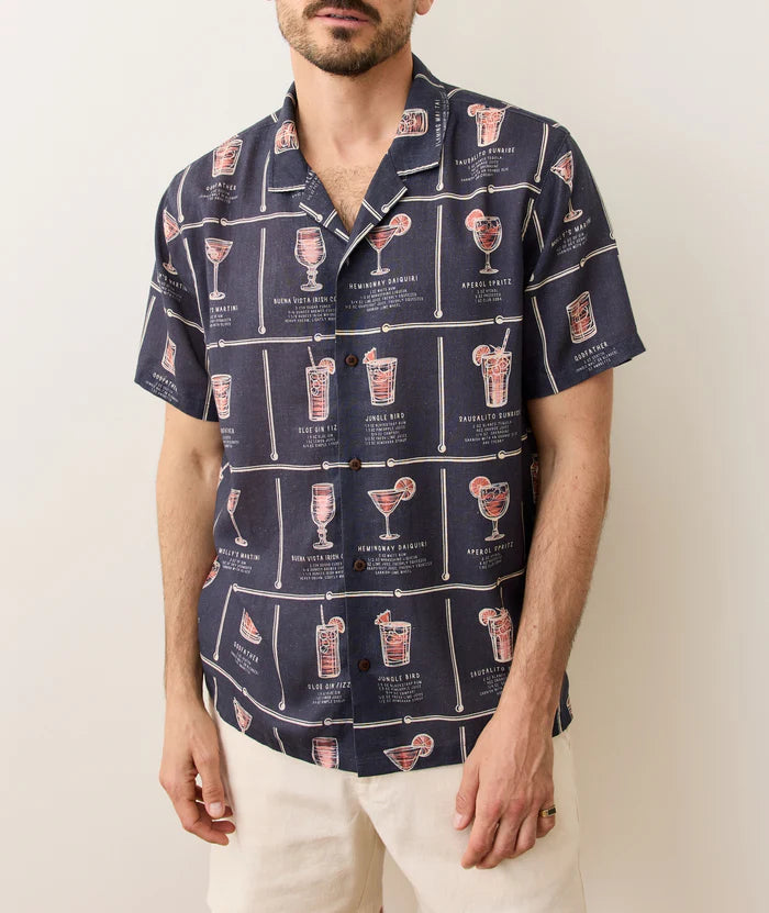 Tencel Linen Resort Shirt - Navy Happy Hour Print