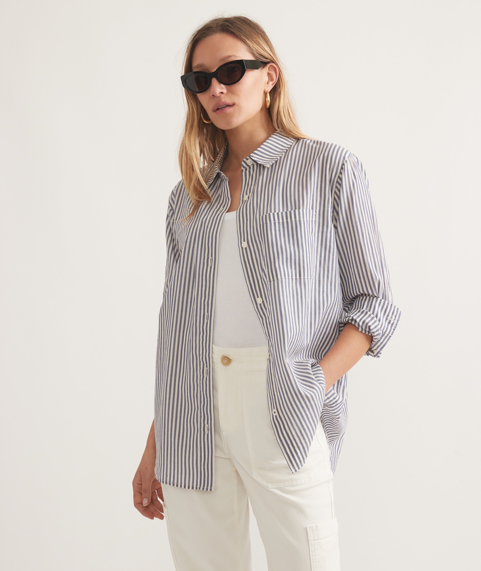 Abbey Relaxed Button Down - Skipper Blue Stripe