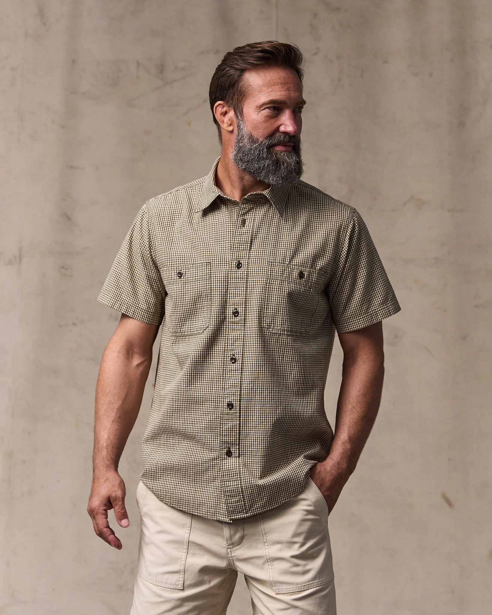 Short Sleeve Chambray Shirt - Coffee / Natural Plaid