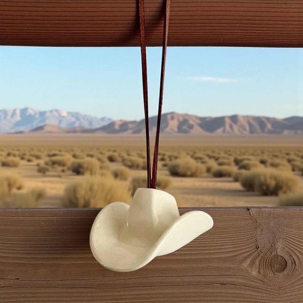 Small Ceramic Cowboy Hat Ornament with Vegan Leather Cord