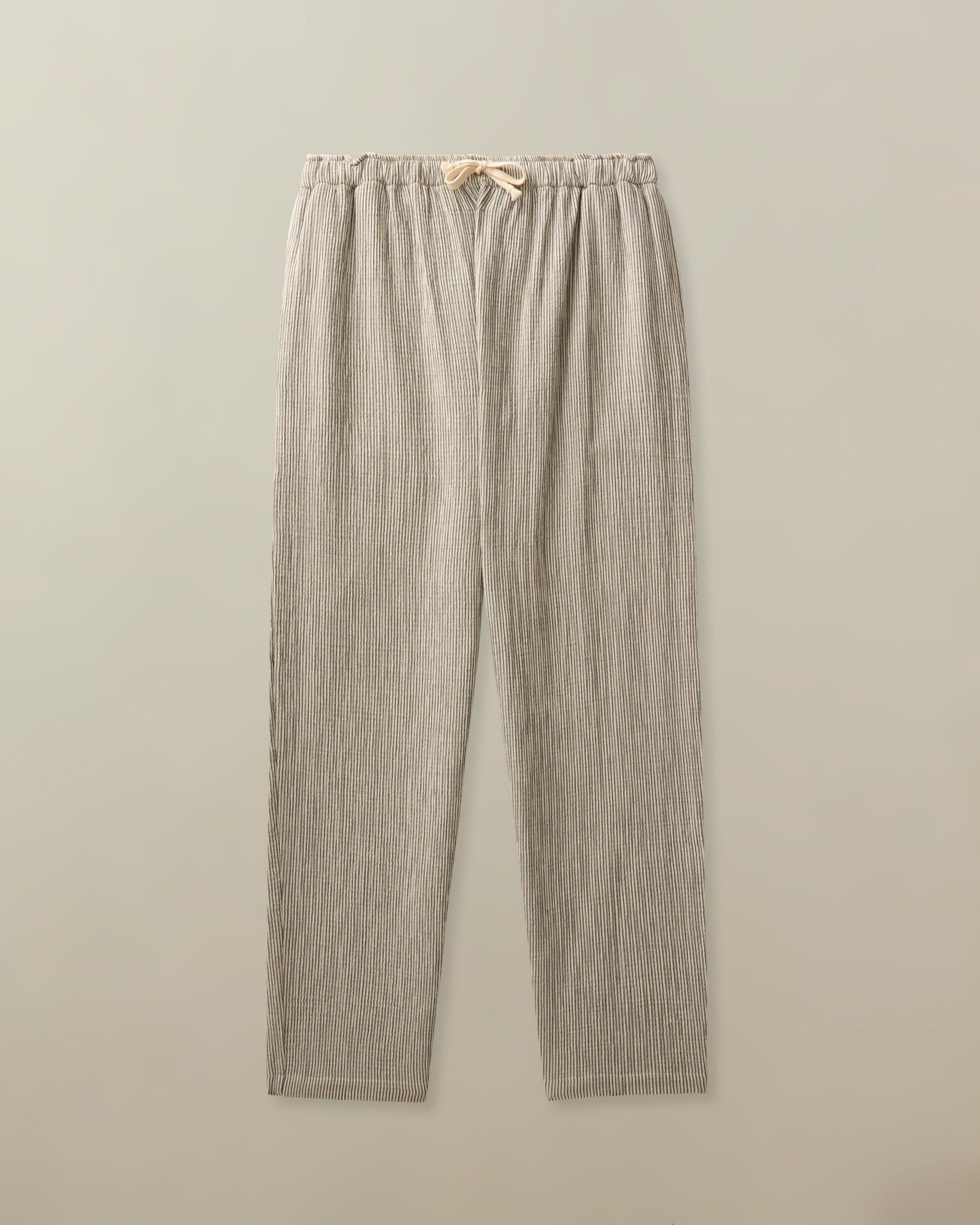 Bali Drawstring Pant in Organic Cotton Seersucker-Charcoal Stripe
