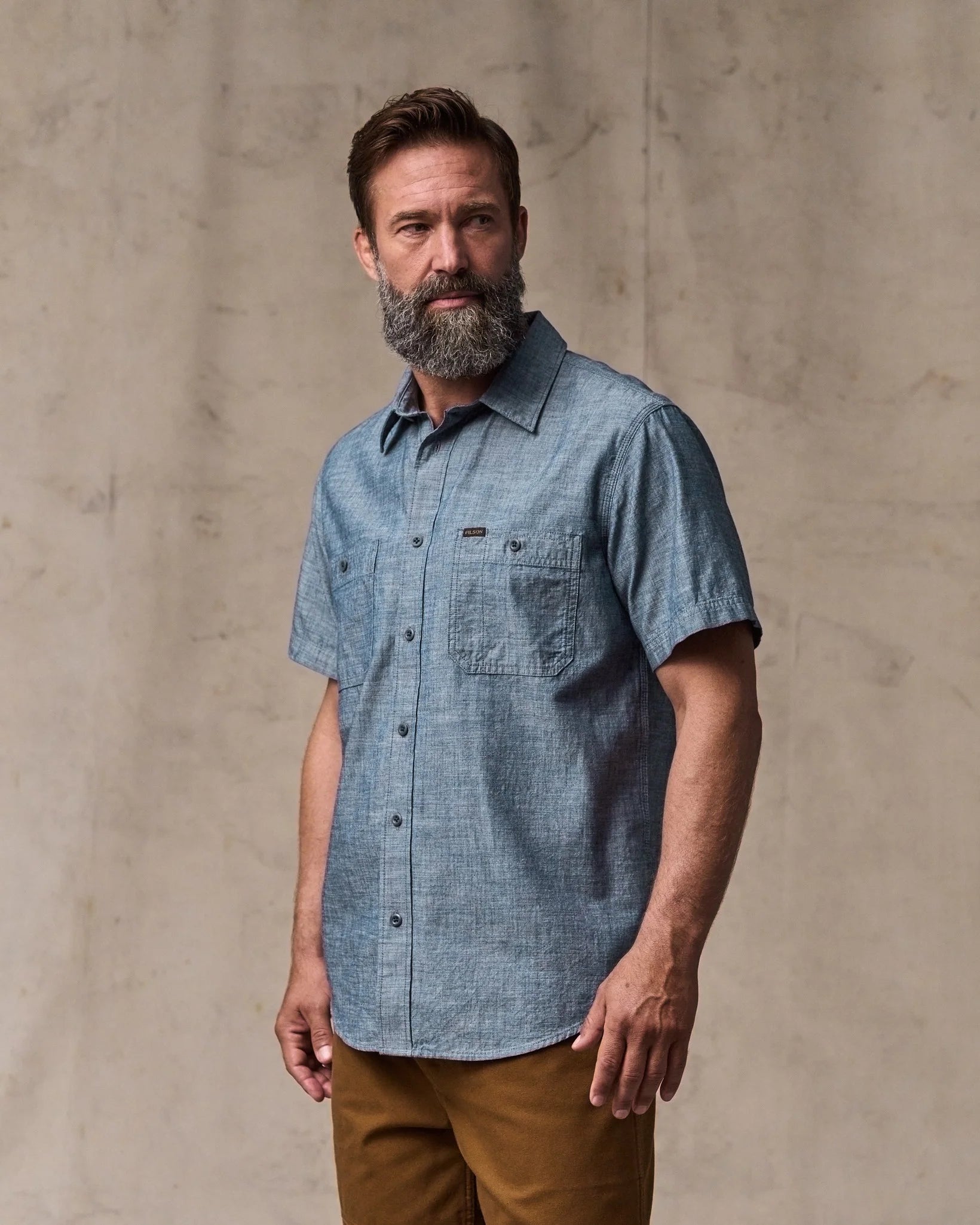Short-sleeve Embroidered Chambray Shirt