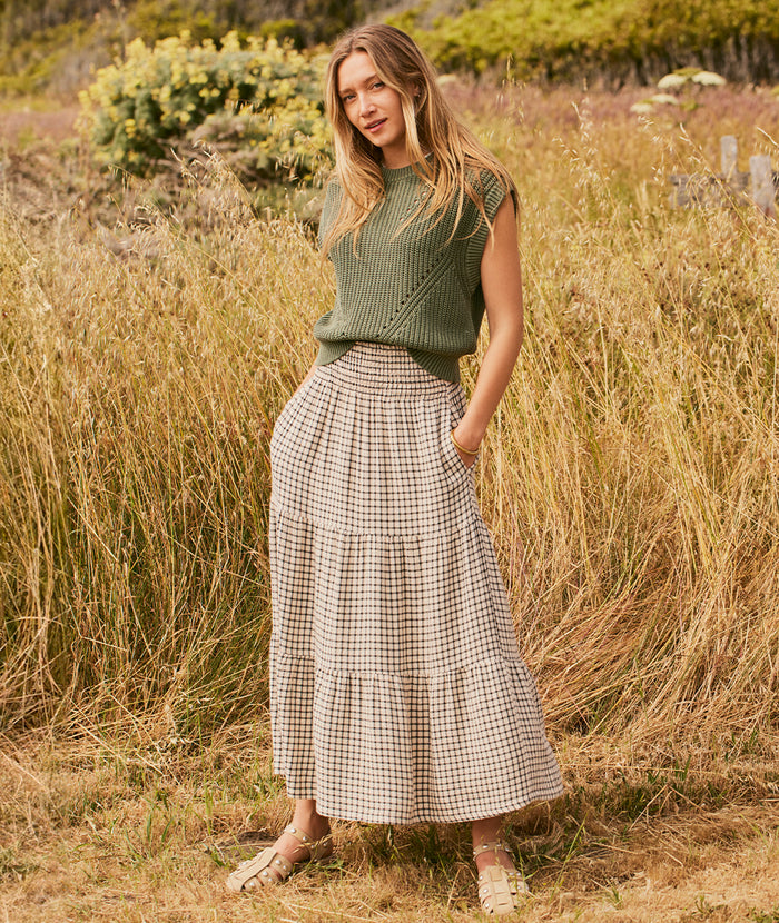 Chloe Smocked Maxi Skirt in Parchment/Black Windowpane