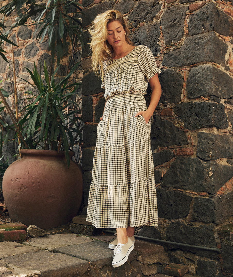 Chloe Smocked Maxi Skirt in Parchment/Black Windowpane
