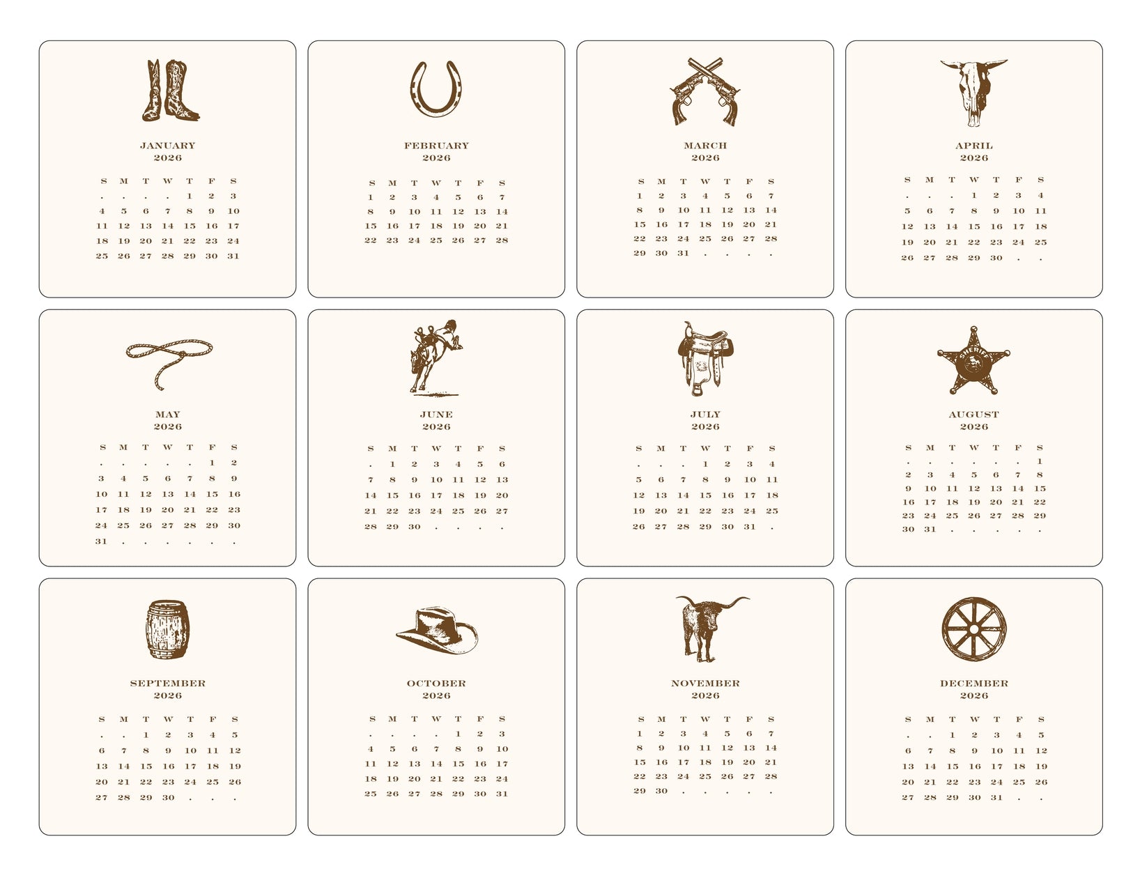 2026 Cowboy Calendar with Easel
