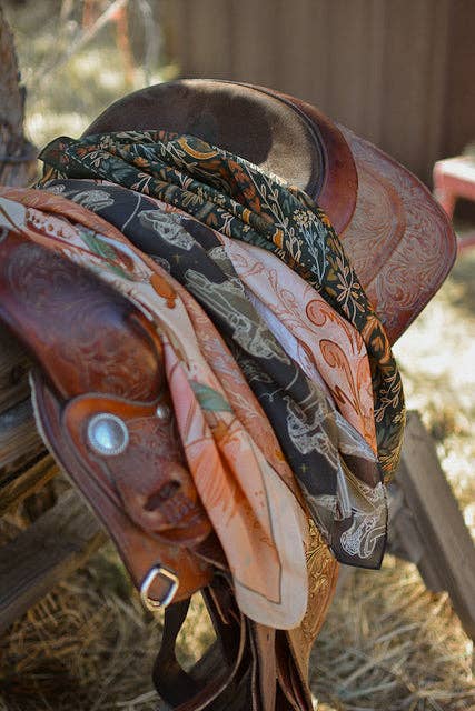 Western Saddle in Arena Brown Cowgirl Silk Scarf Wild Rag Ready-to-gift