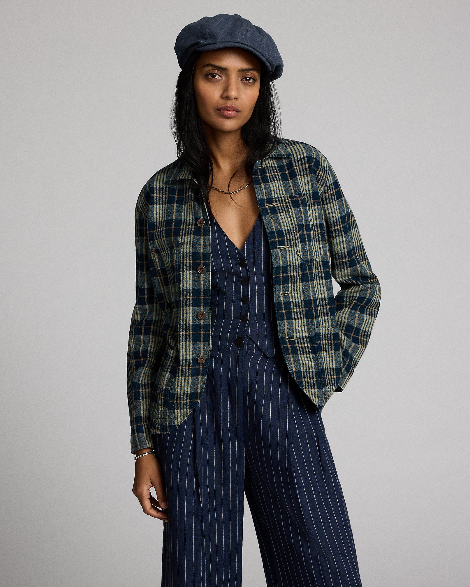 RRL Indigo Plaid Cotton-Linen Work Jacket
