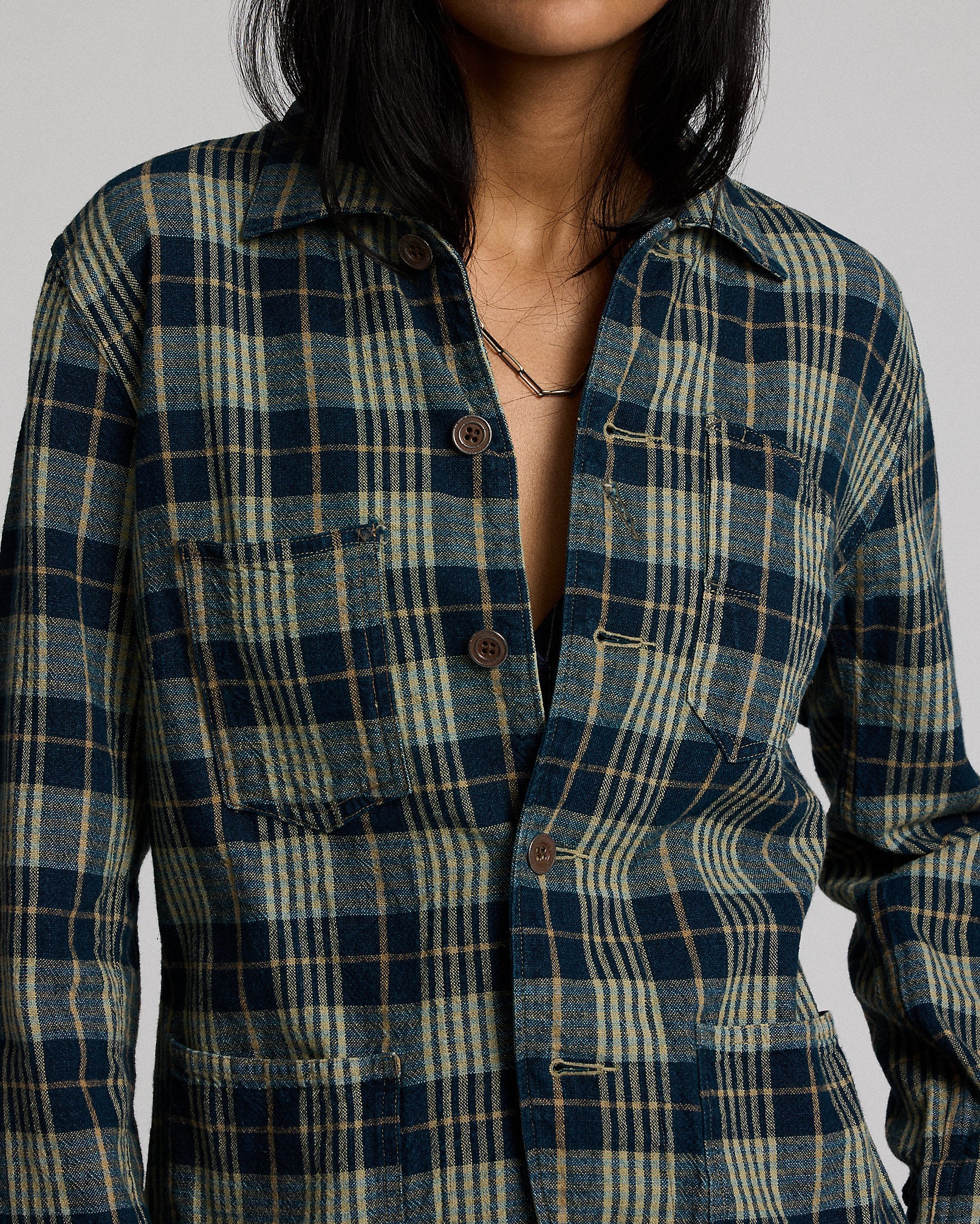 RRL Indigo Plaid Cotton-Linen Work Jacket