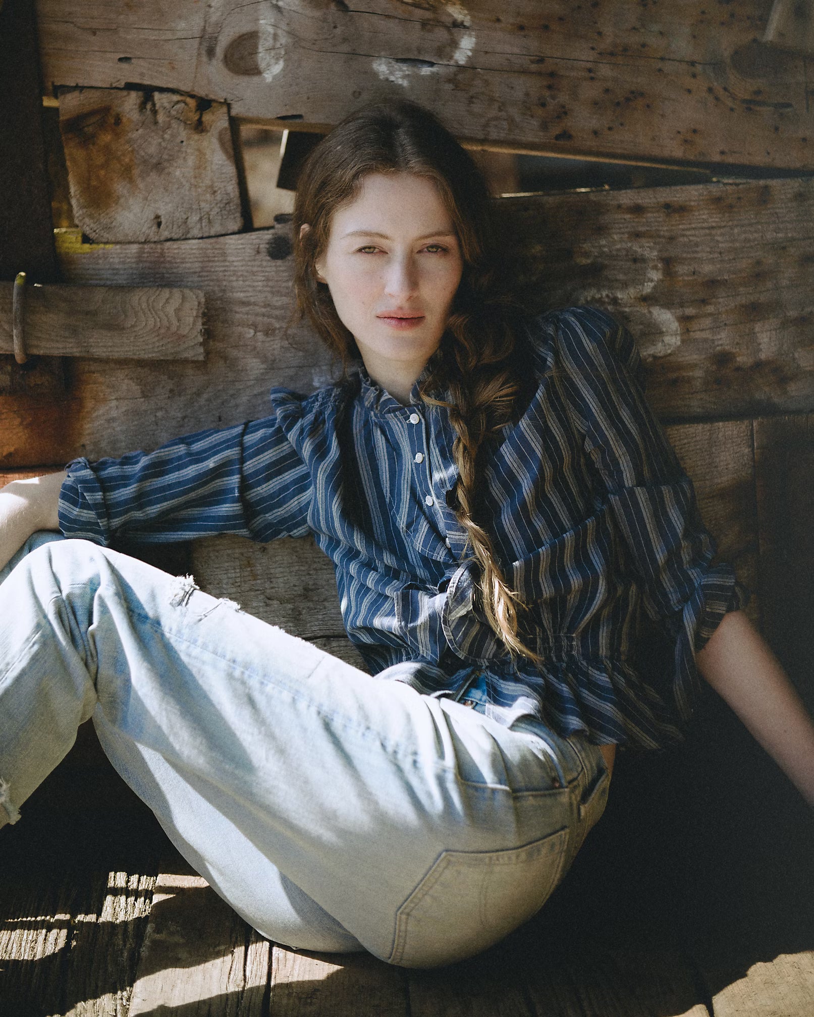 RRL Ruffle-Trim Striped Cotton Blouse