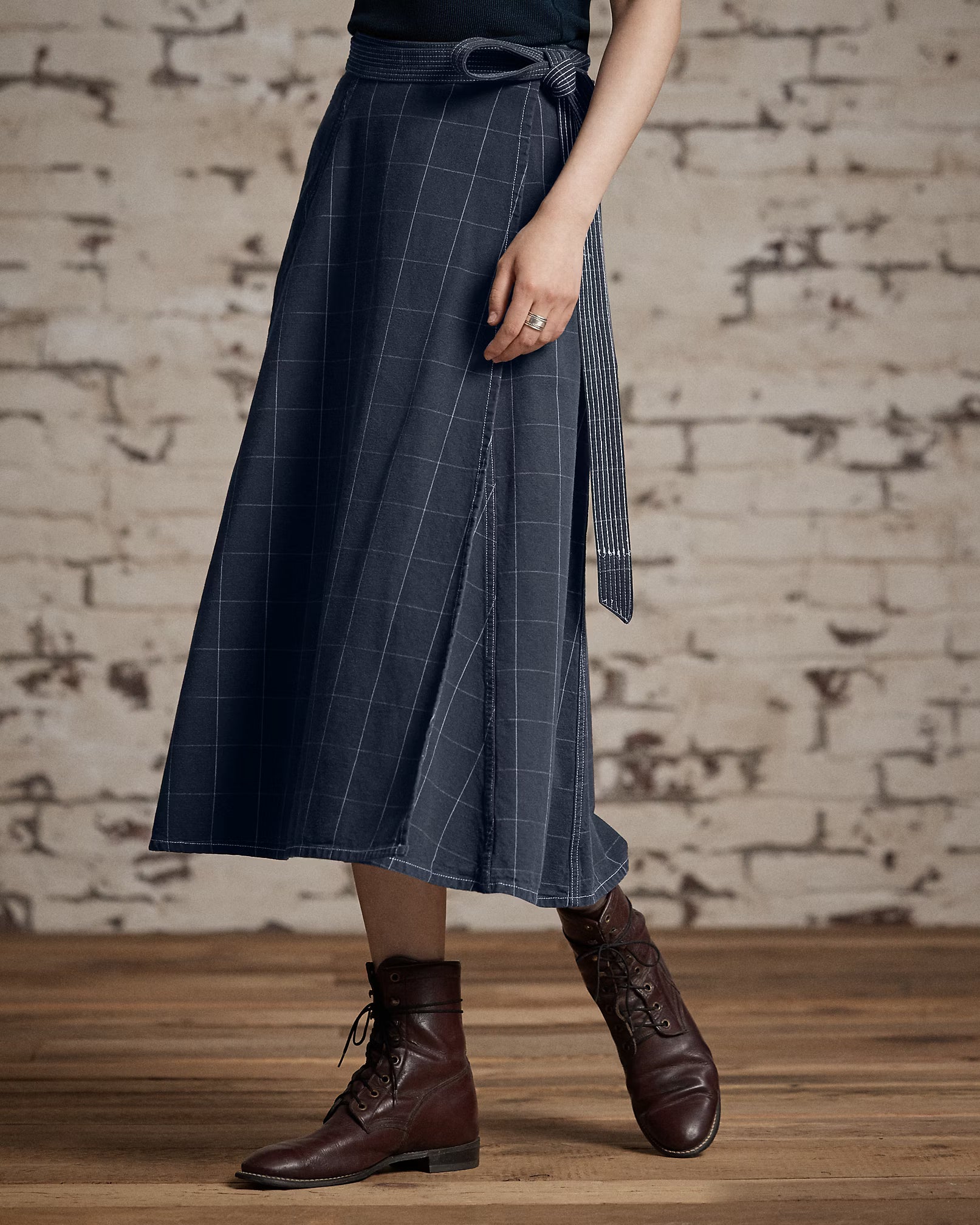 RRL Indigo Windowpane Linen Wrap Skirt