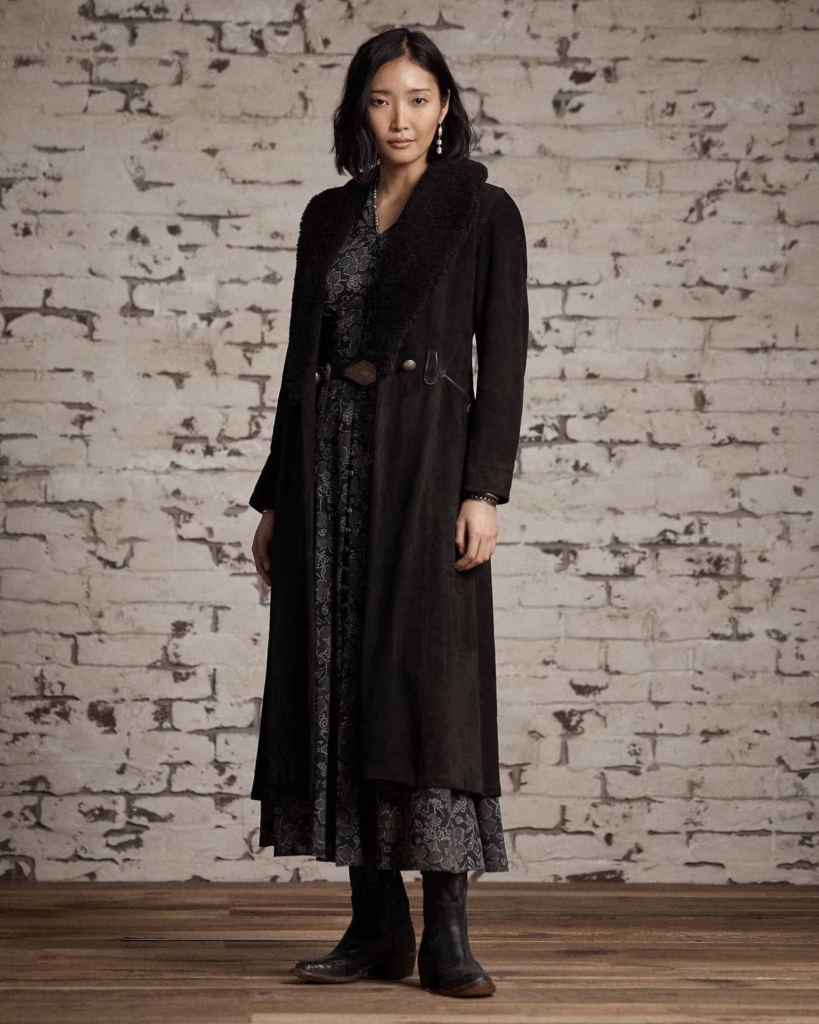 RRL Shearling-Collar Suede Wrap Coat