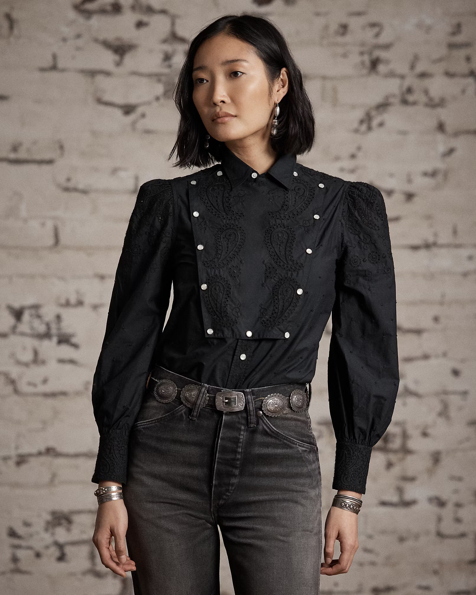Embroidered Cotton Bib-Front Blouse