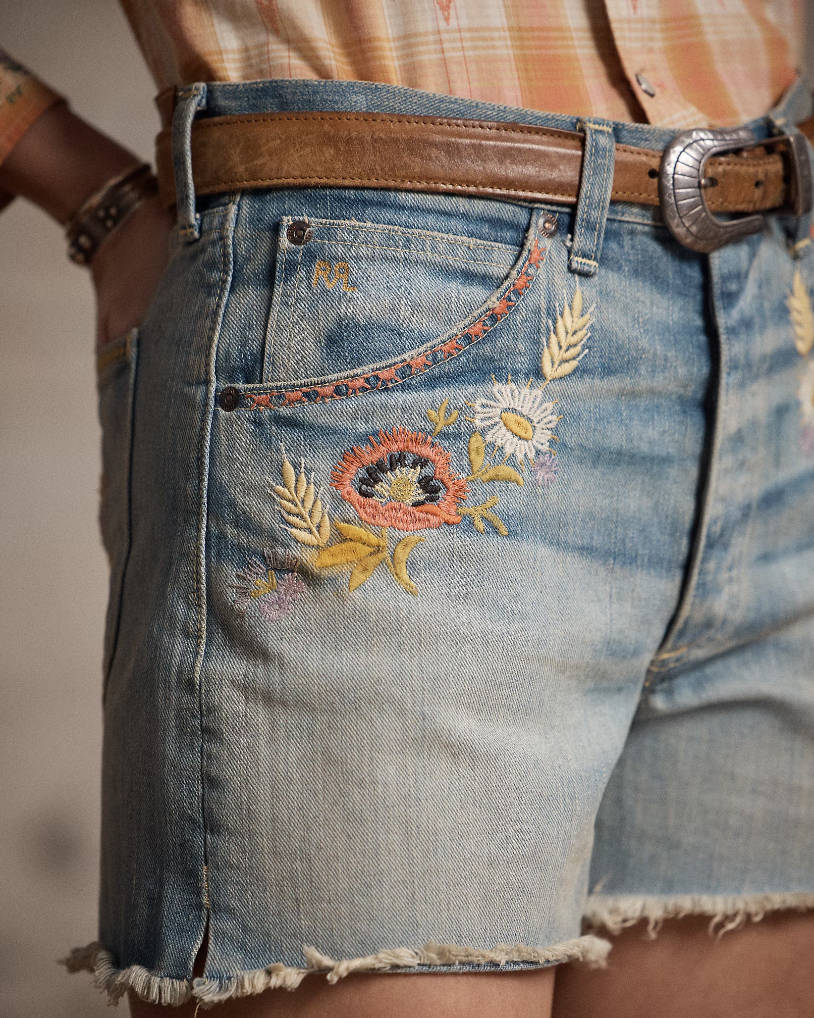 RRL Floral-Embroidered Denim Short