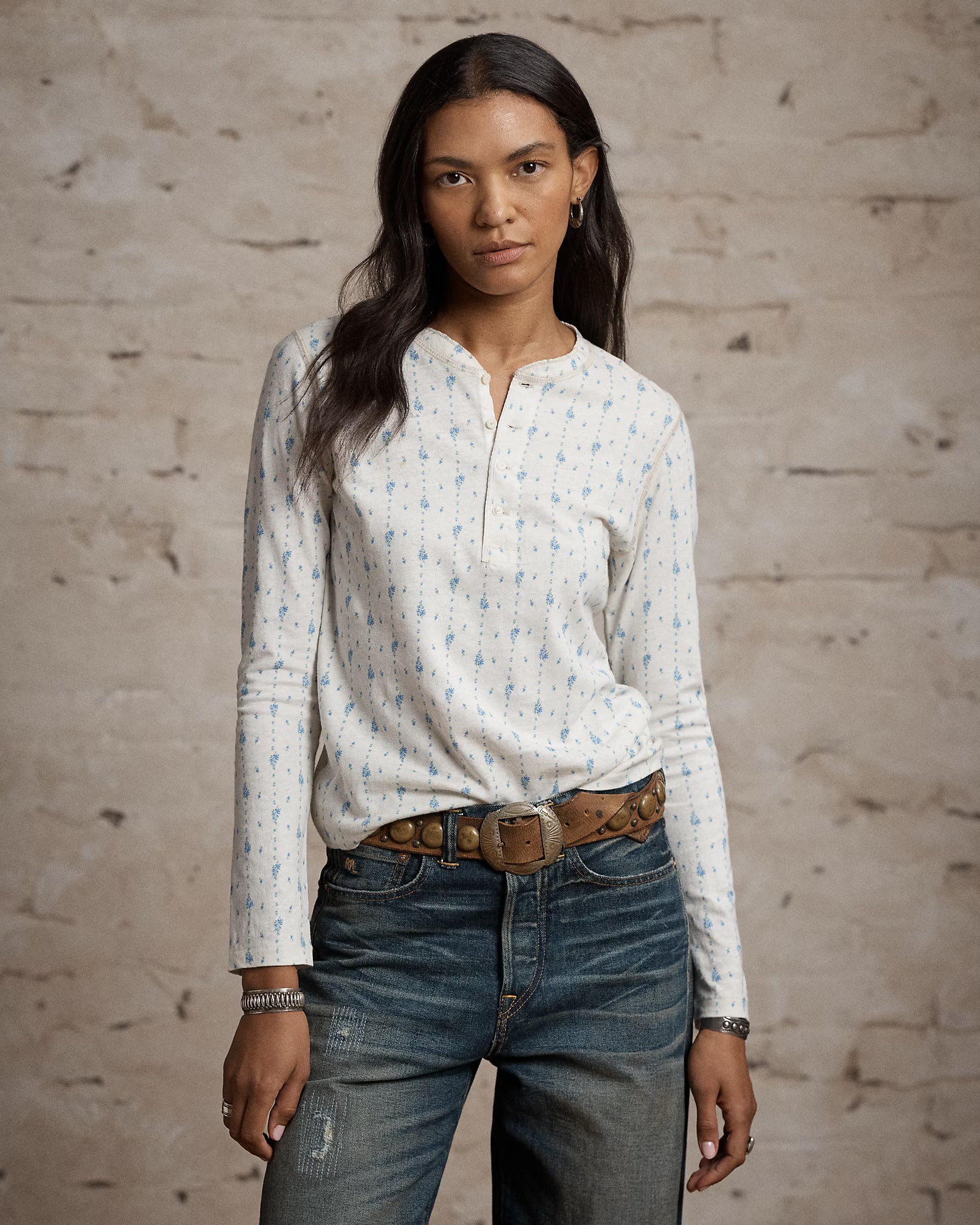 Floral Linen-Cotton Henley Shirt