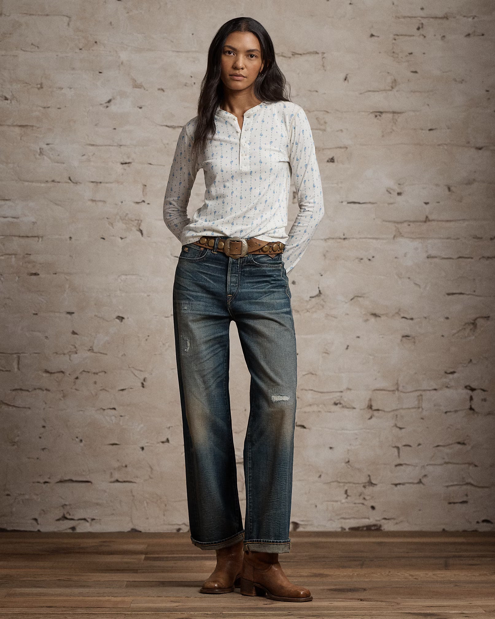 Floral Linen-Cotton Henley Shirt