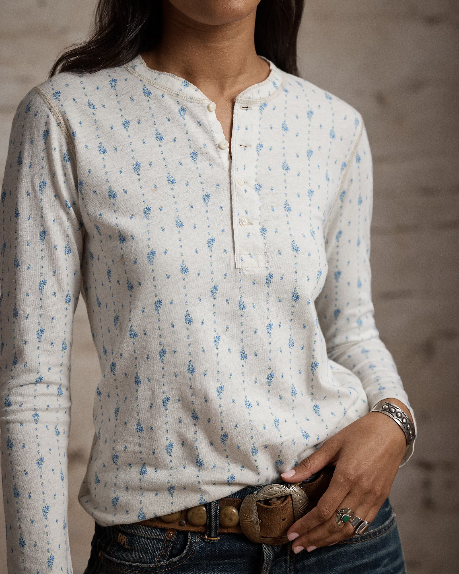 Floral Linen-Cotton Henley Shirt