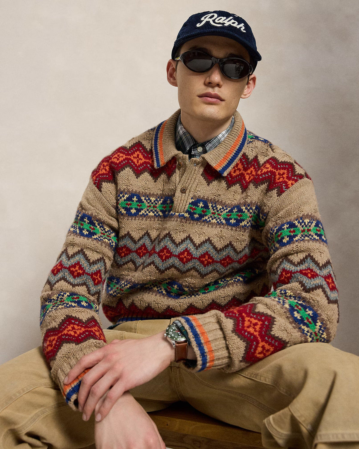 Fair Isle Wool Blend Polo Collar Sweater