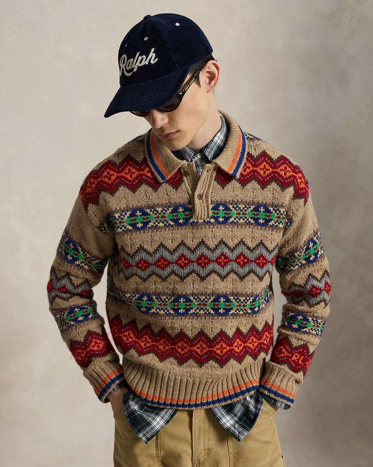 Fair Isle Wool Blend Polo Collar Sweater