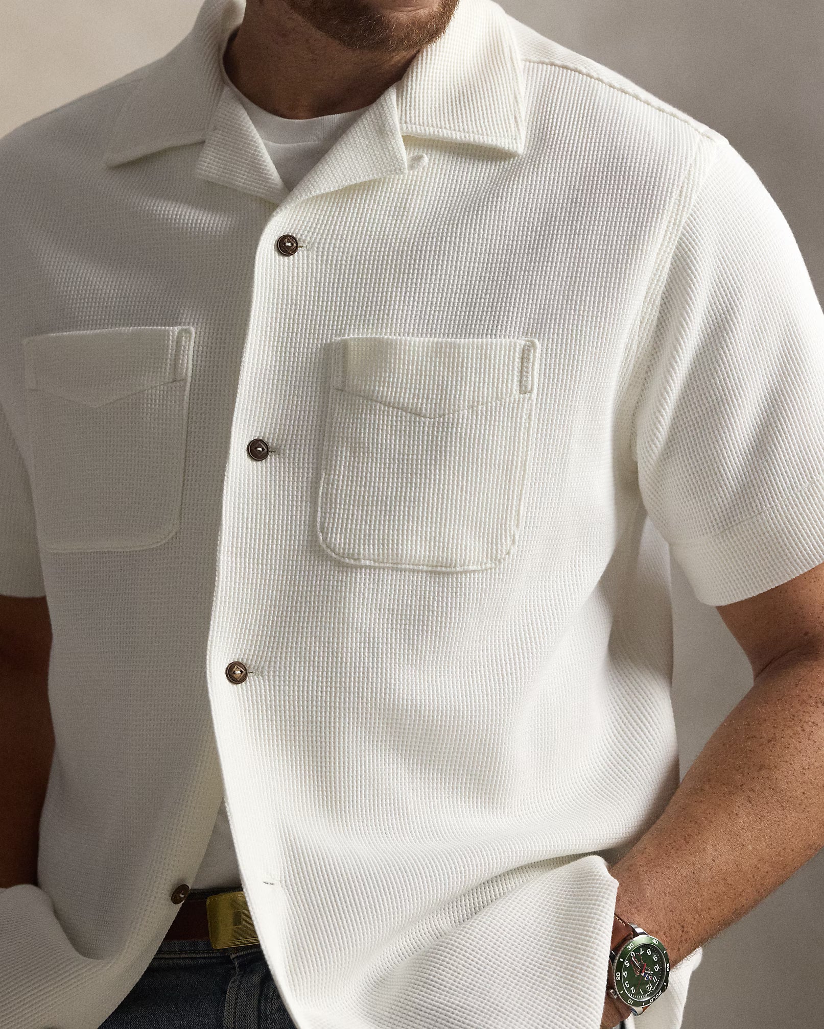 Waffle-Knit Cotton-Linen Camp Shirt