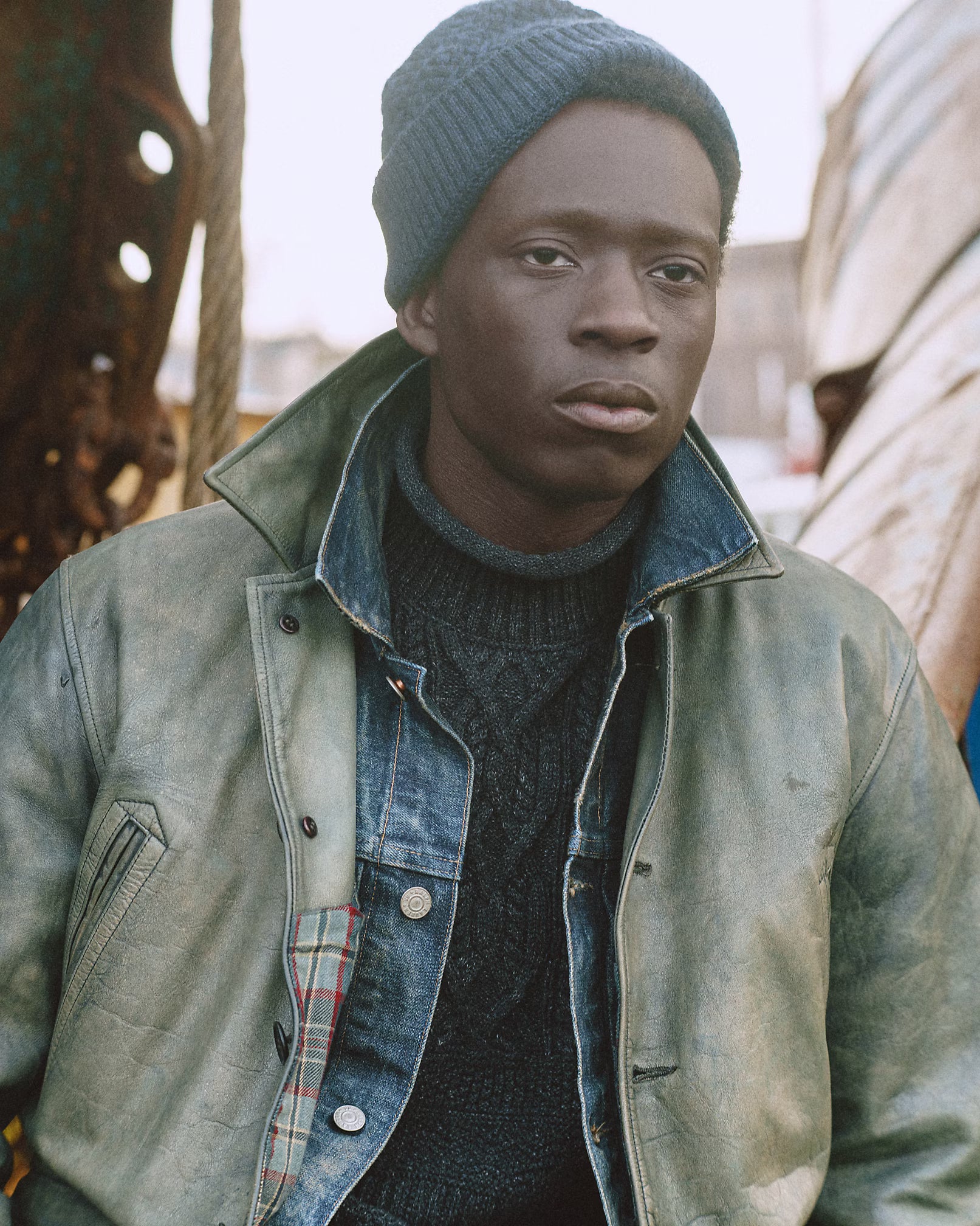 RRL Indigo Leather Car Coat
