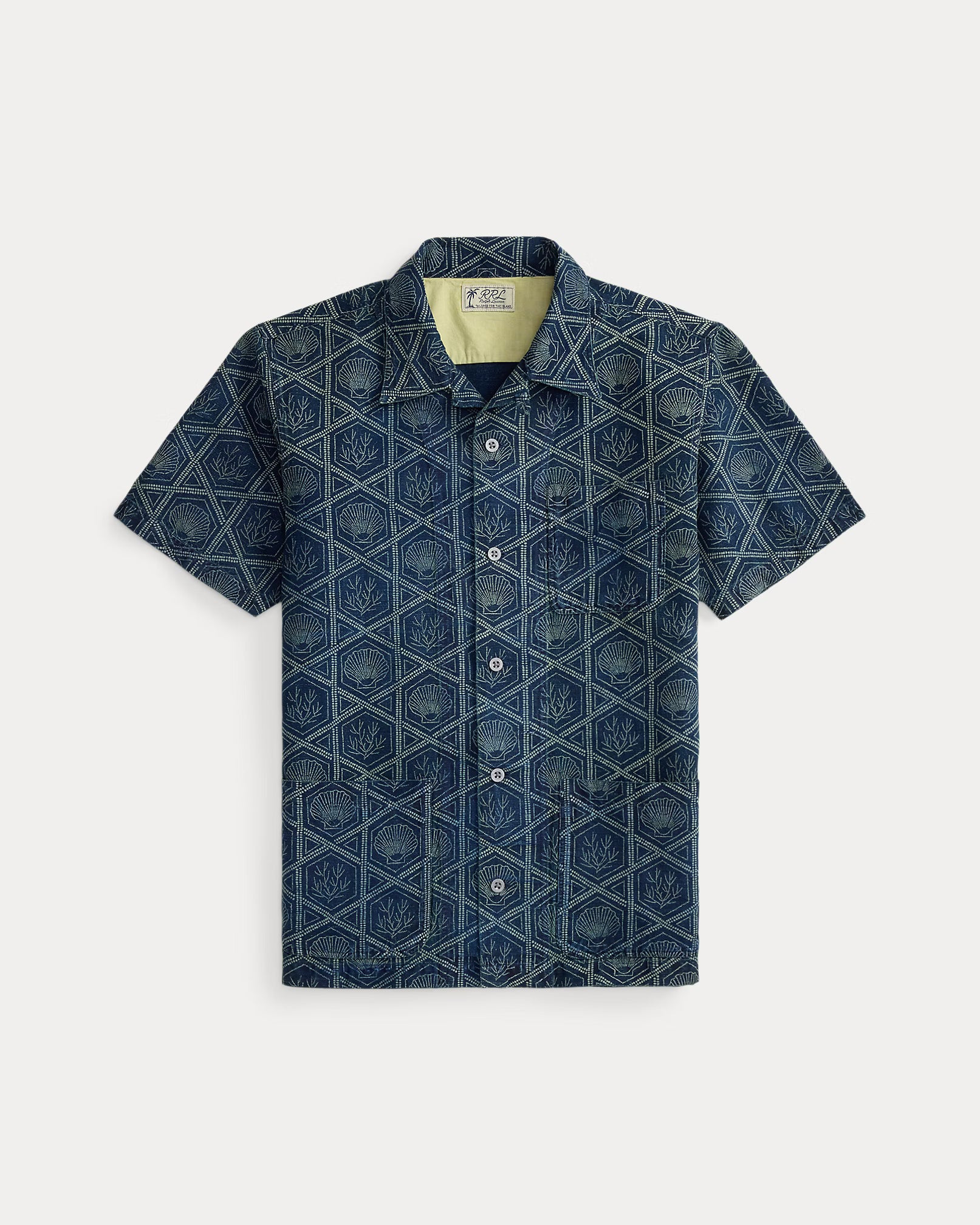 RRL Indigo Shell-Print Linen-Cotton Shirt
