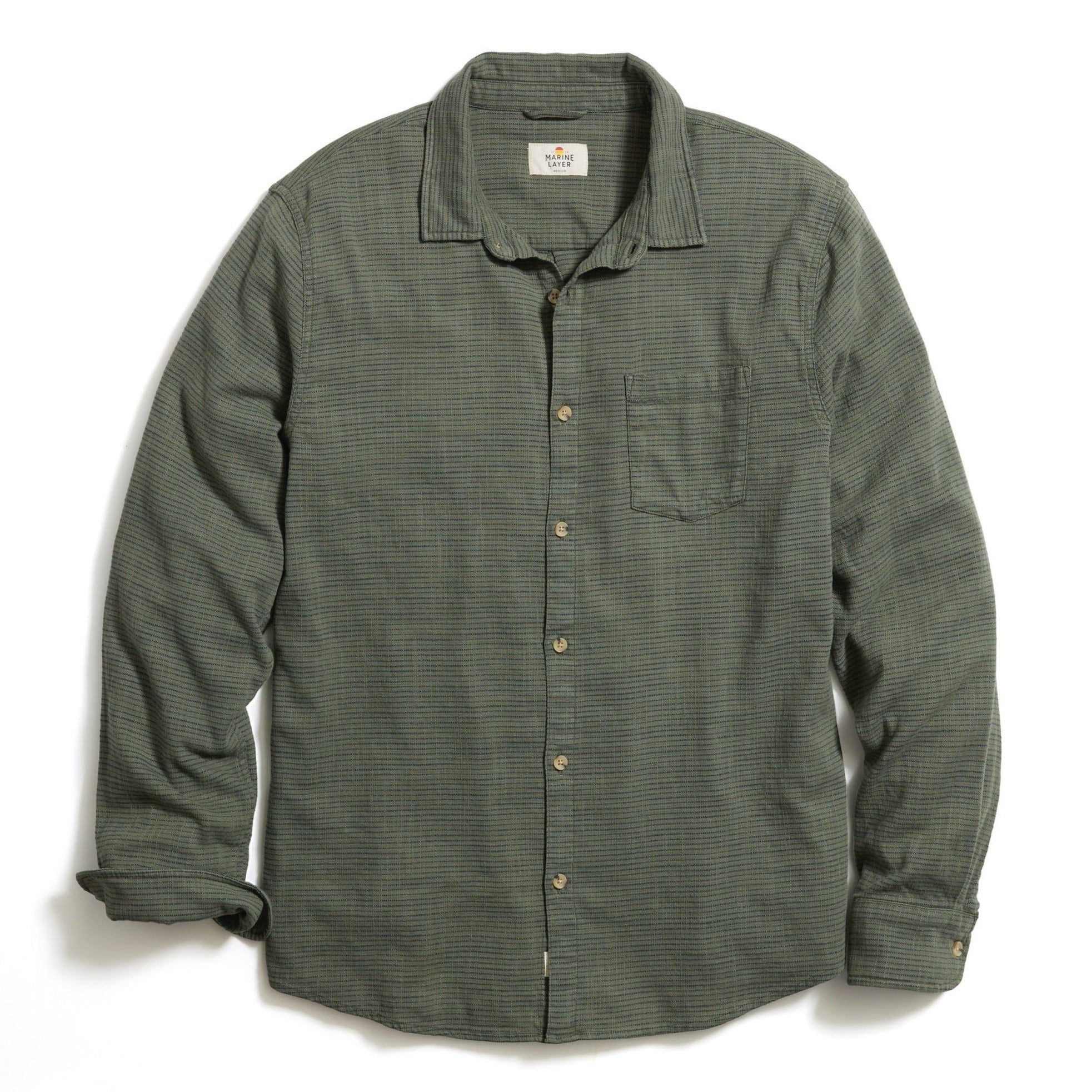 Long Sleeve Classic Stretch Selvage Shirt in Olive Stripe