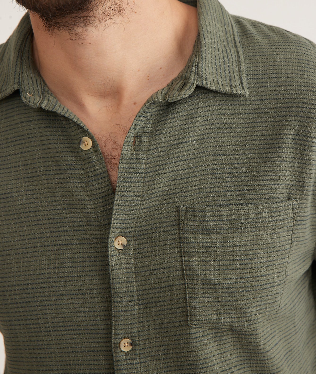 Long Sleeve Classic Stretch Selvage Shirt in Olive Stripe