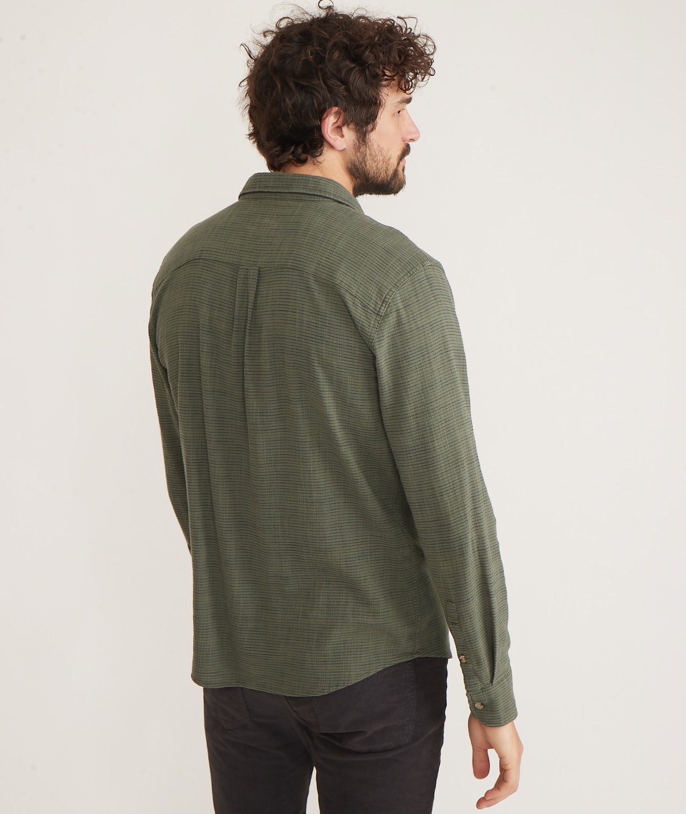 Long Sleeve Classic Stretch Selvage Shirt in Olive Stripe