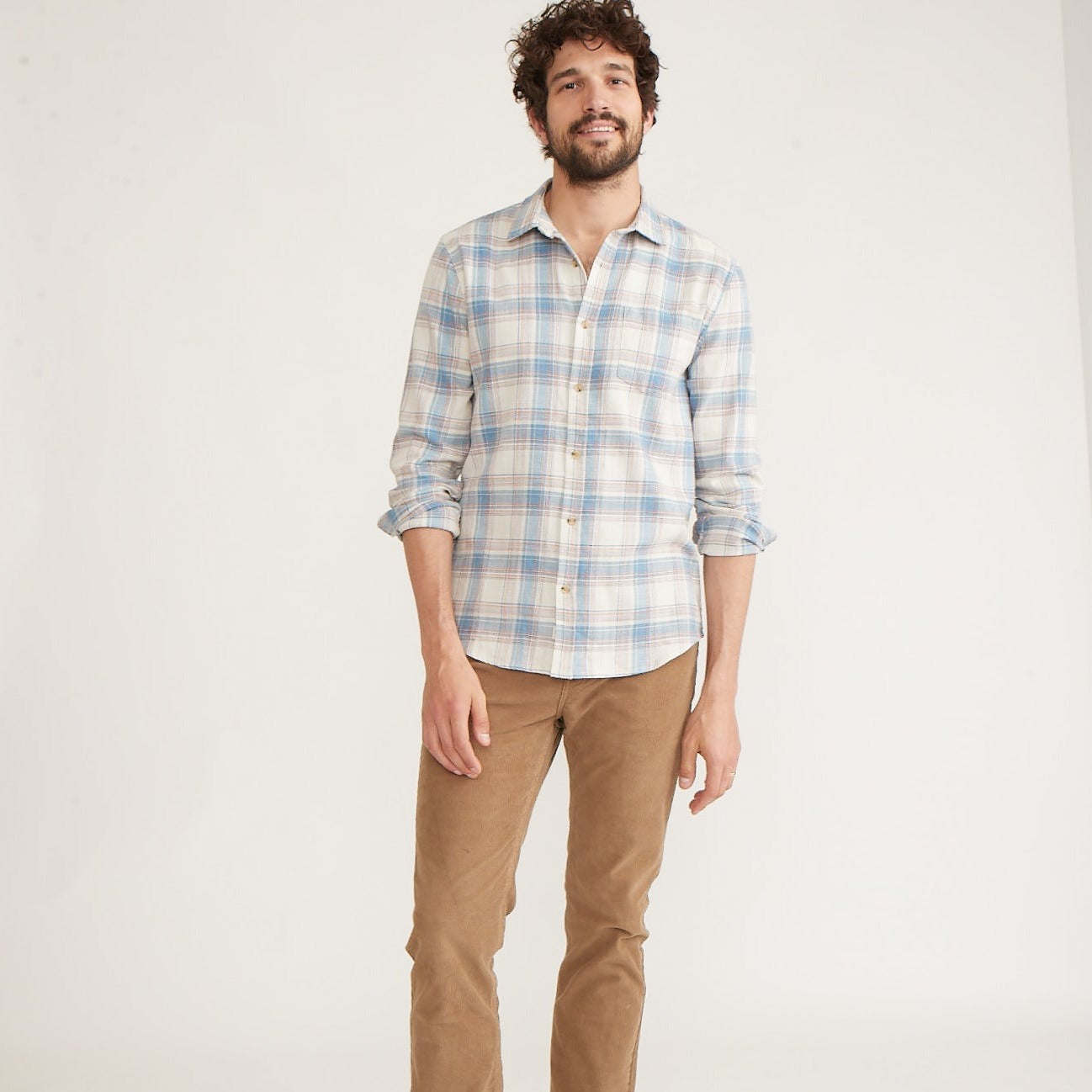Long Sleeve Classic Stretch Selvage Shirt in Indigo Plaid