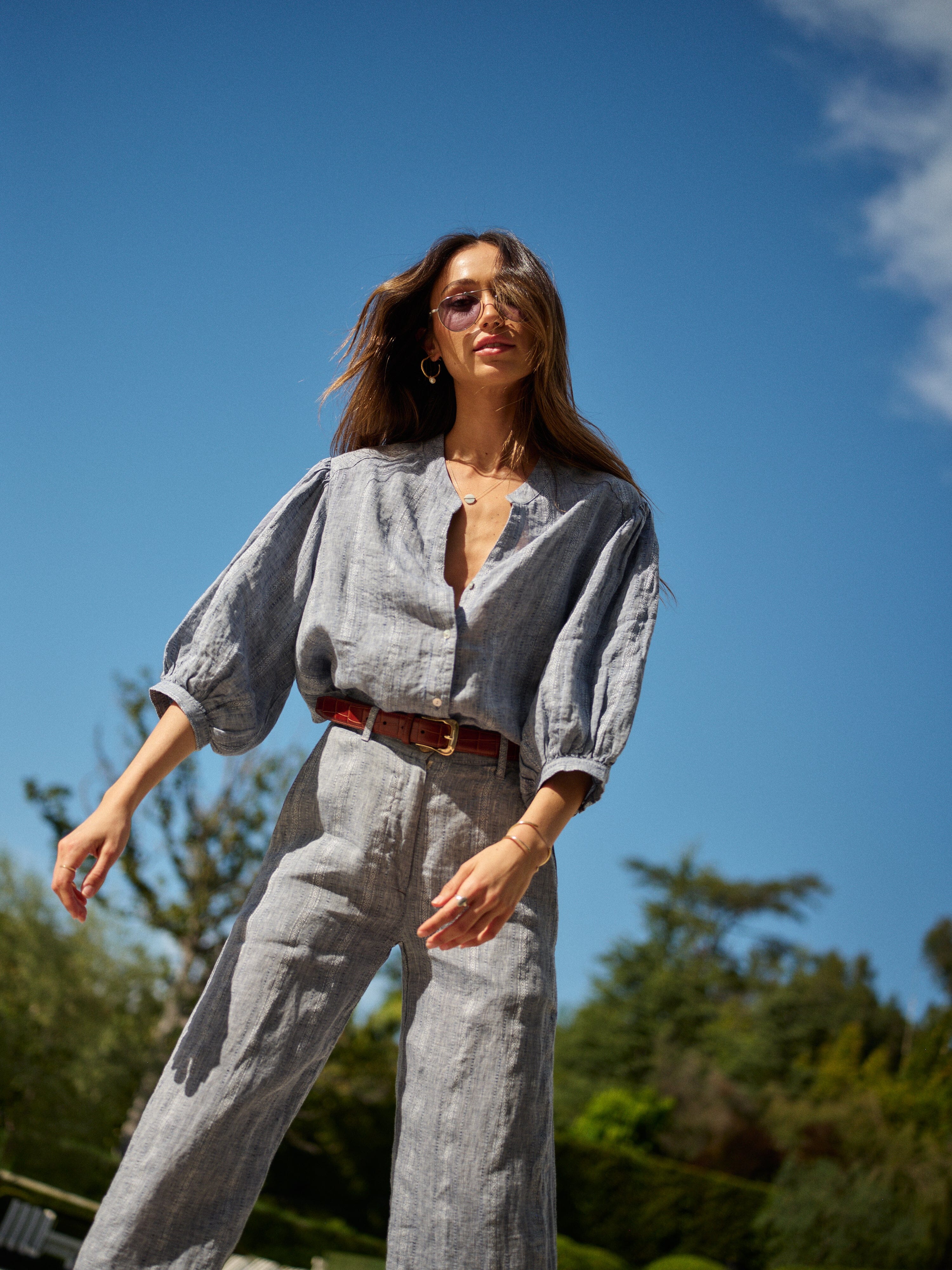 Women's Edith Blouse in Linen Jacquard-Ocean Stripe