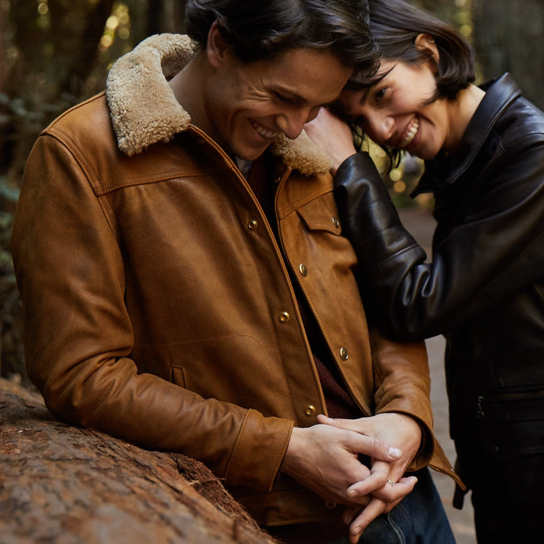 Men's Buffalo Leather Trucker Jacket with Sheepskin Collar