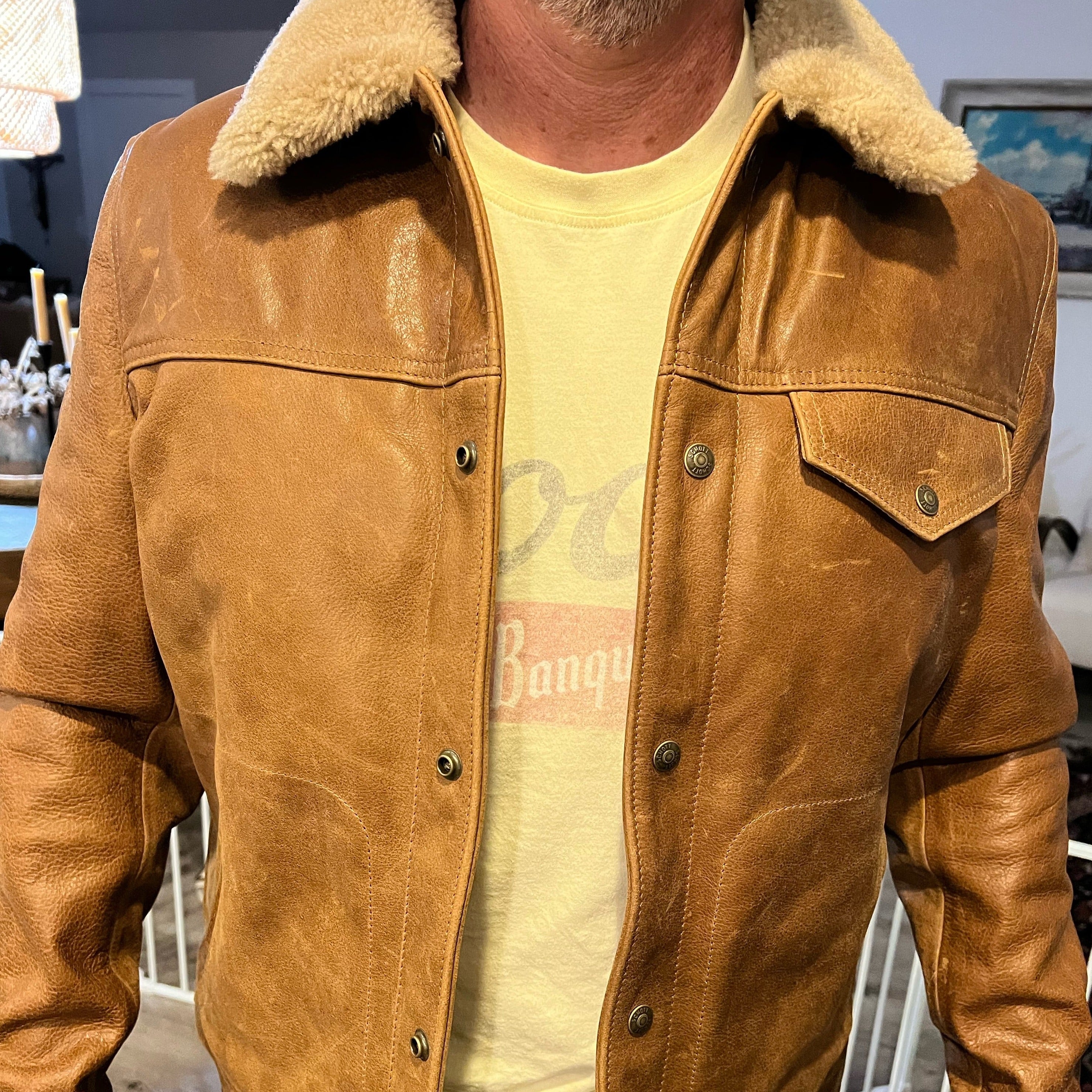 Men's Buffalo Leather Trucker Jacket with Sheepskin Collar