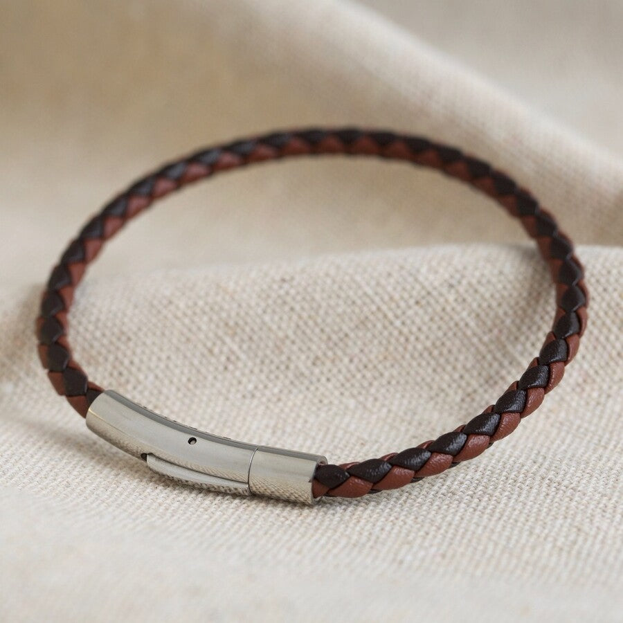 Men's Slim Brown Woven Leather Bracelet - Large