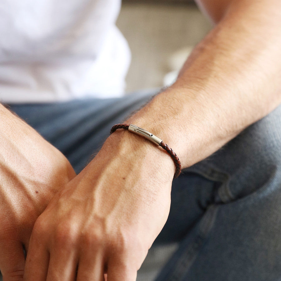 Men's Slim Brown Woven Leather Bracelet - Large