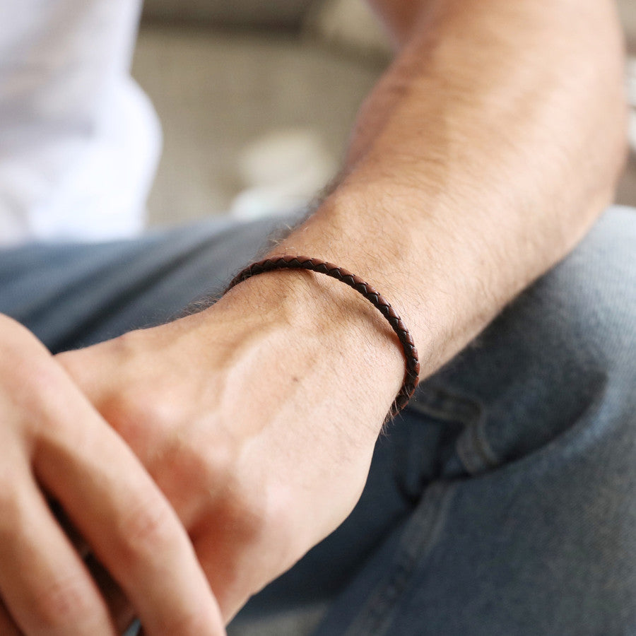 Men's Slim Brown Woven Leather Bracelet - Large