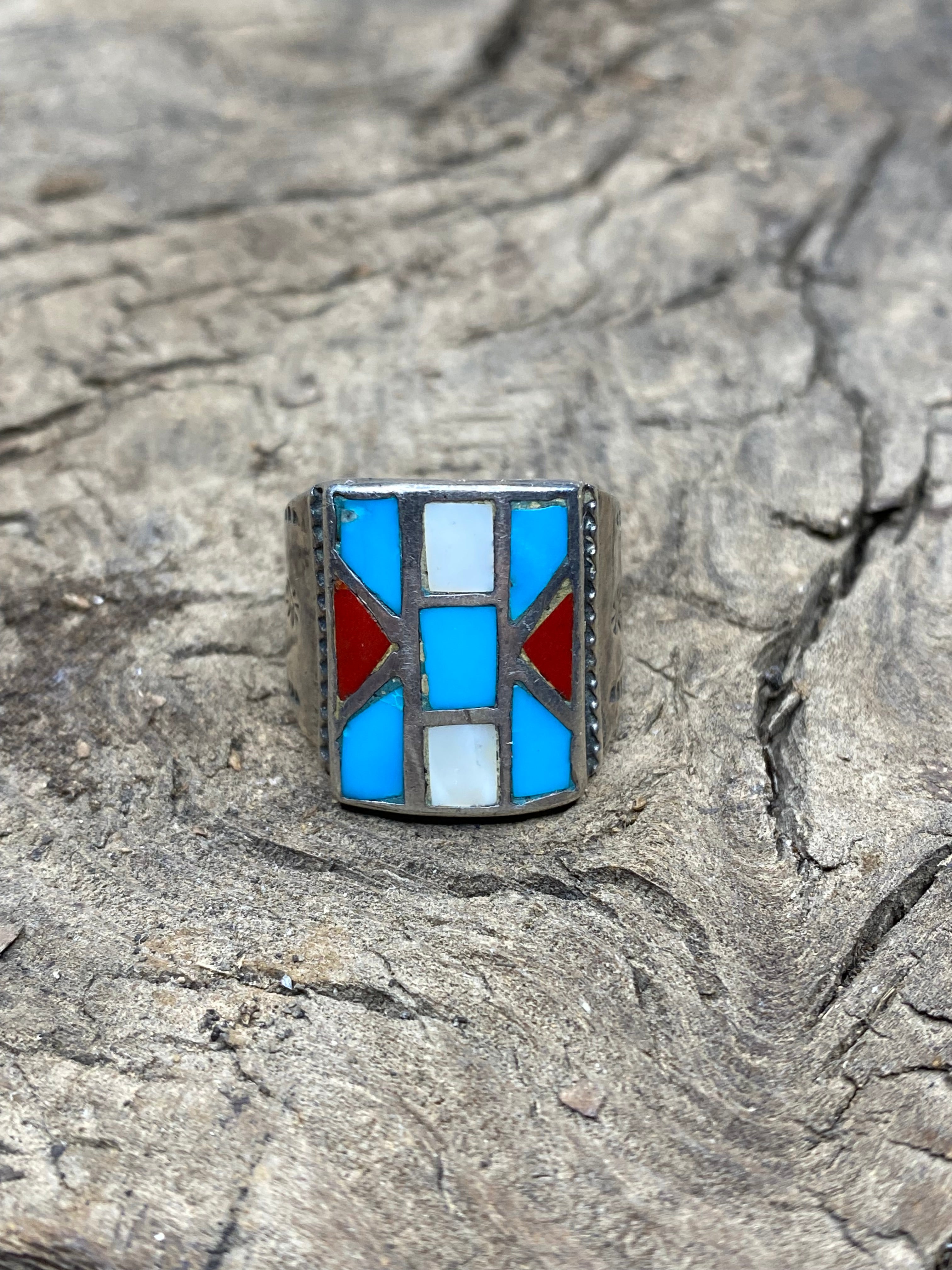 Vintage Turquoise Silver Inlay Men's Ring - Size 9.5