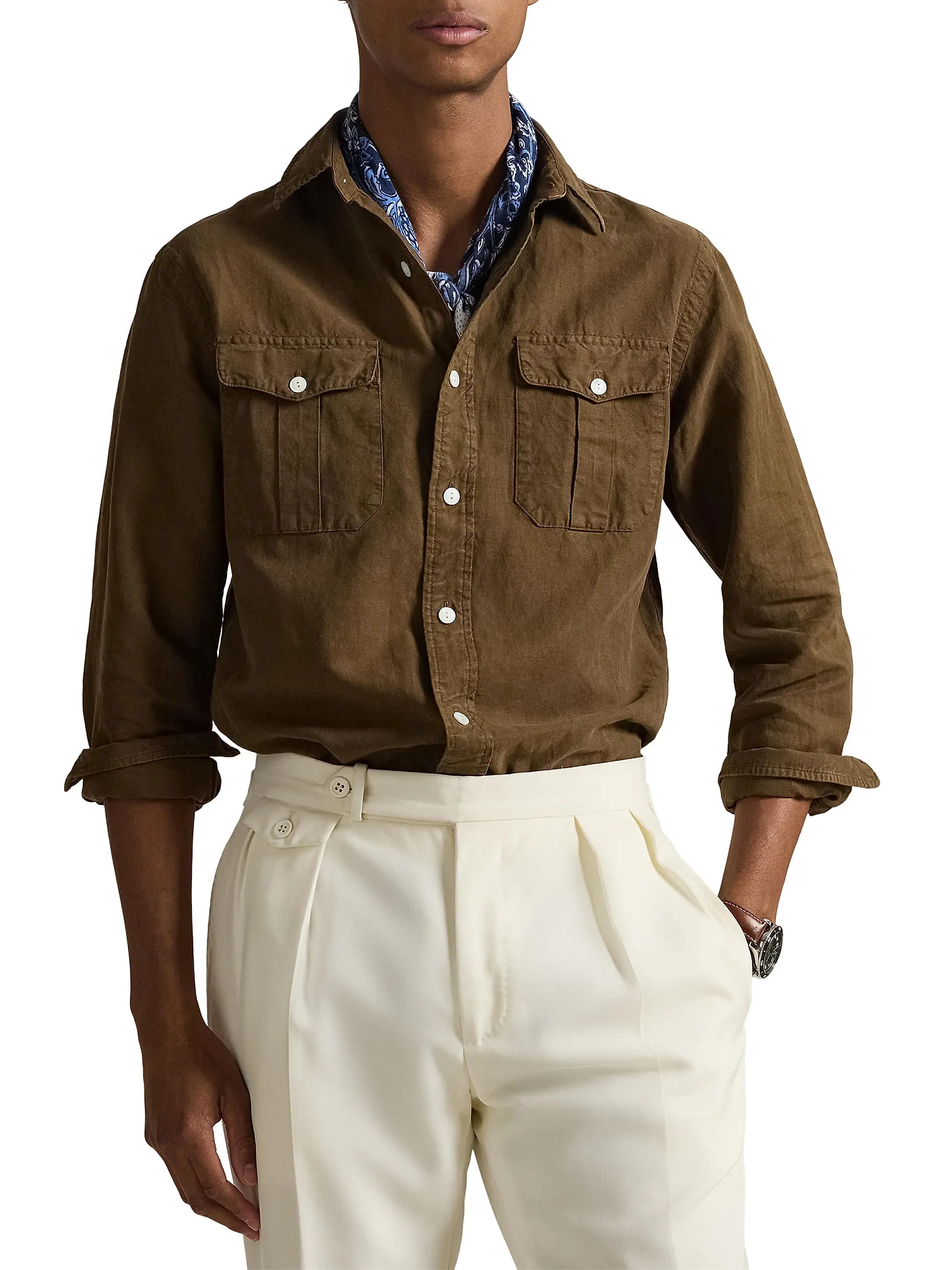 Classic Fit Linen-Silk-Cotton Workshirt - Brown