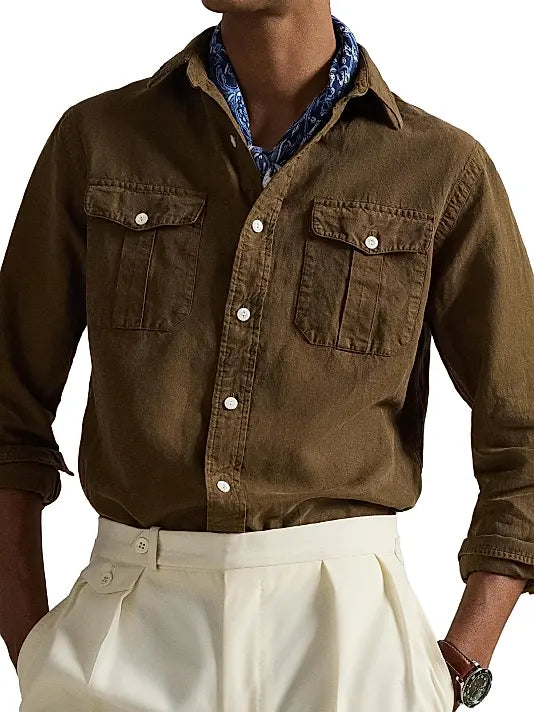 Classic Fit Linen-Silk-Cotton Workshirt - Brown