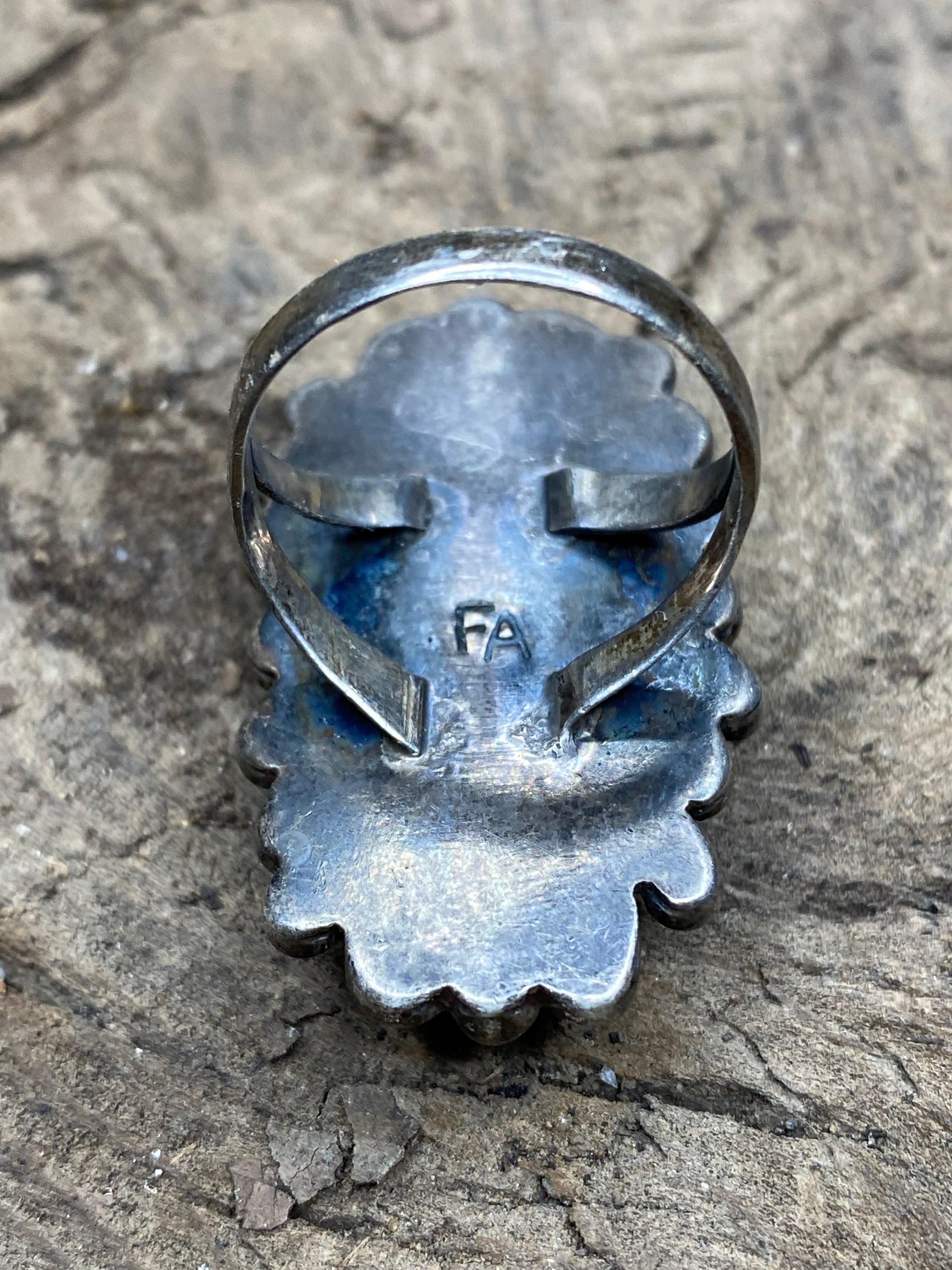 Vintage Turquoise and Mother of Pearl Silver Ring - Size 8