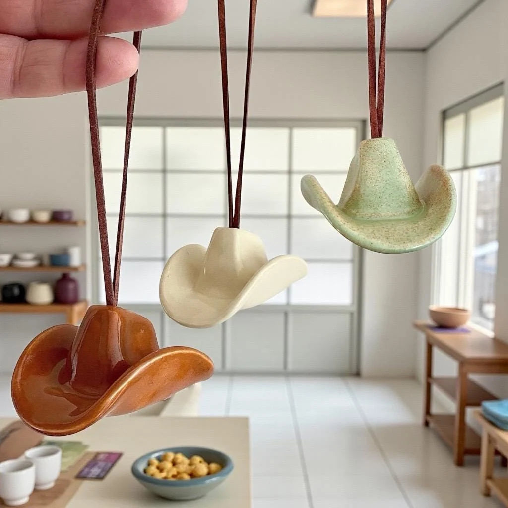 Small Ceramic Cowboy Hat Ornament with Vegan Leather Cord