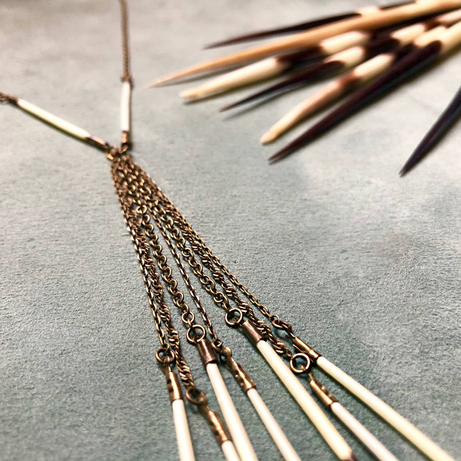 Porcupine Quill Fringe Necklace, Black/Brown & Ivory/White